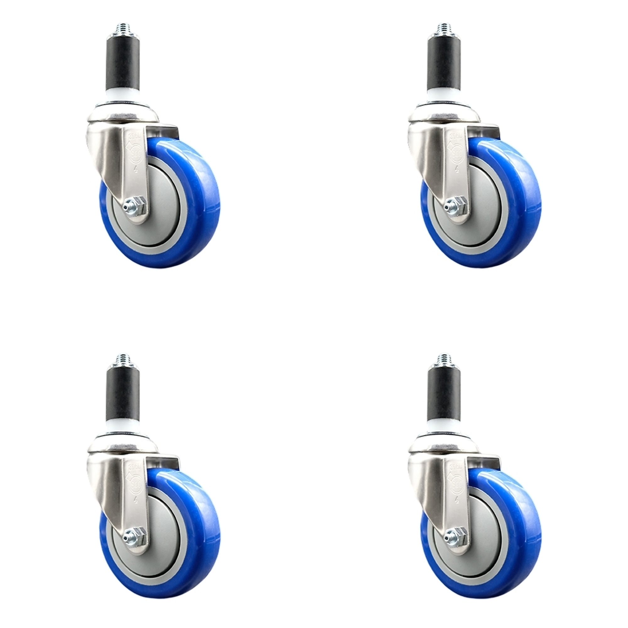 Service Caster, 4Inch x 1 1/4Inch Stem Casters, Wheel Diameter 4 in, Caster Type Swivel, Package (qty.) 4, Model SCC-SS316EX20S414-PPUB-BLUE-114-4