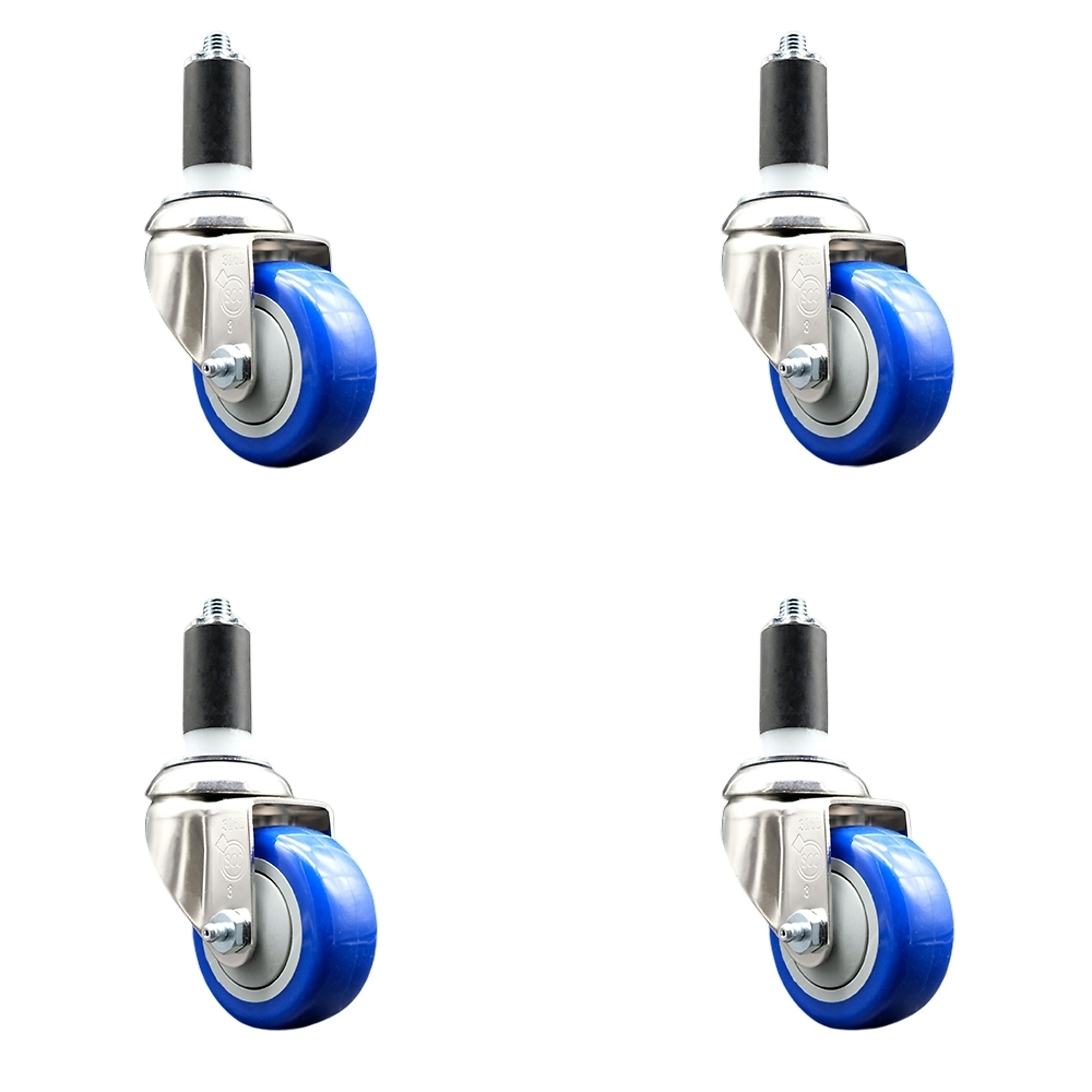 Service Caster, 3Inch x 1 1/4Inch Stem Casters, Wheel Diameter 3 in, Caster Type Swivel, Package (qty.) 4, Model SCC-SS316EX20S314-PPUB-BLUE-138-4