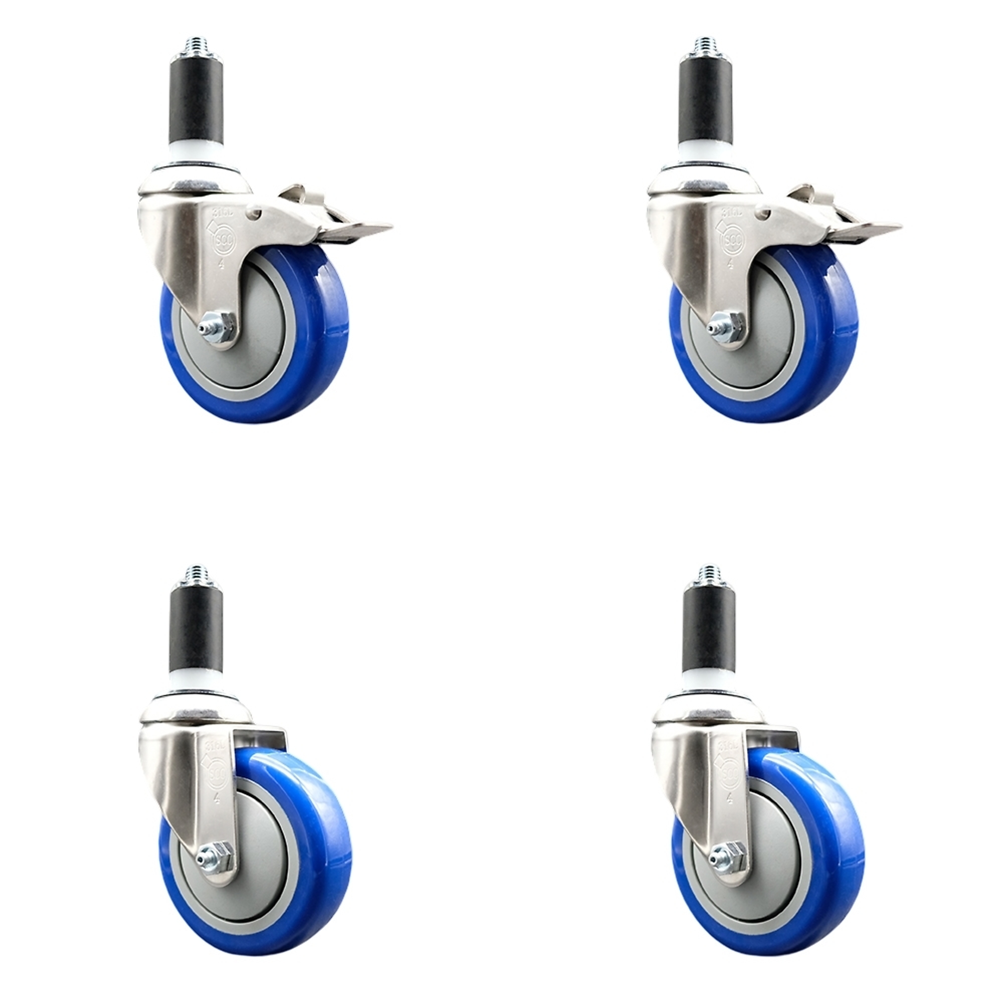 Service Caster, 4Inch x 1 1/4Inch Stem Casters, Wheel Diameter 4 in, Caster Type Swivel, Package (qty.) 4, Model SS316TTLEX20S414-PPUB-BLUE-2-S-2-114