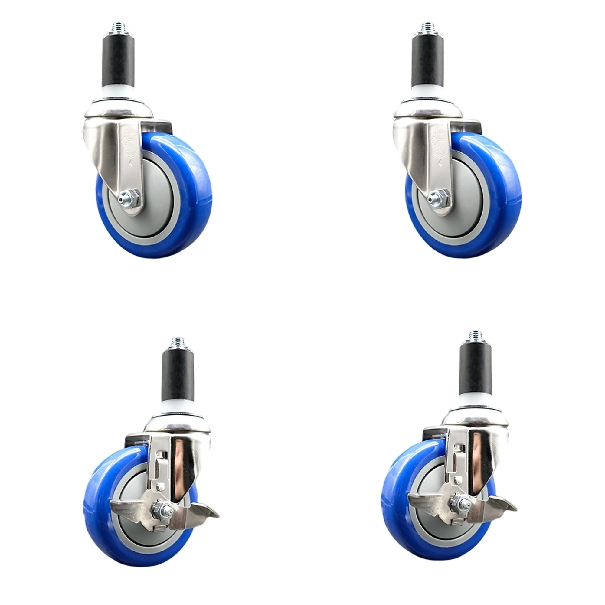 Service Caster, 4Inch x 1 1/4Inch Stem Casters, Wheel Diameter 4 in, Caster Type Swivel, Package (qty.) 4, Model SS316EX20S414-PPUB-BLUE-2-TLB-2-114