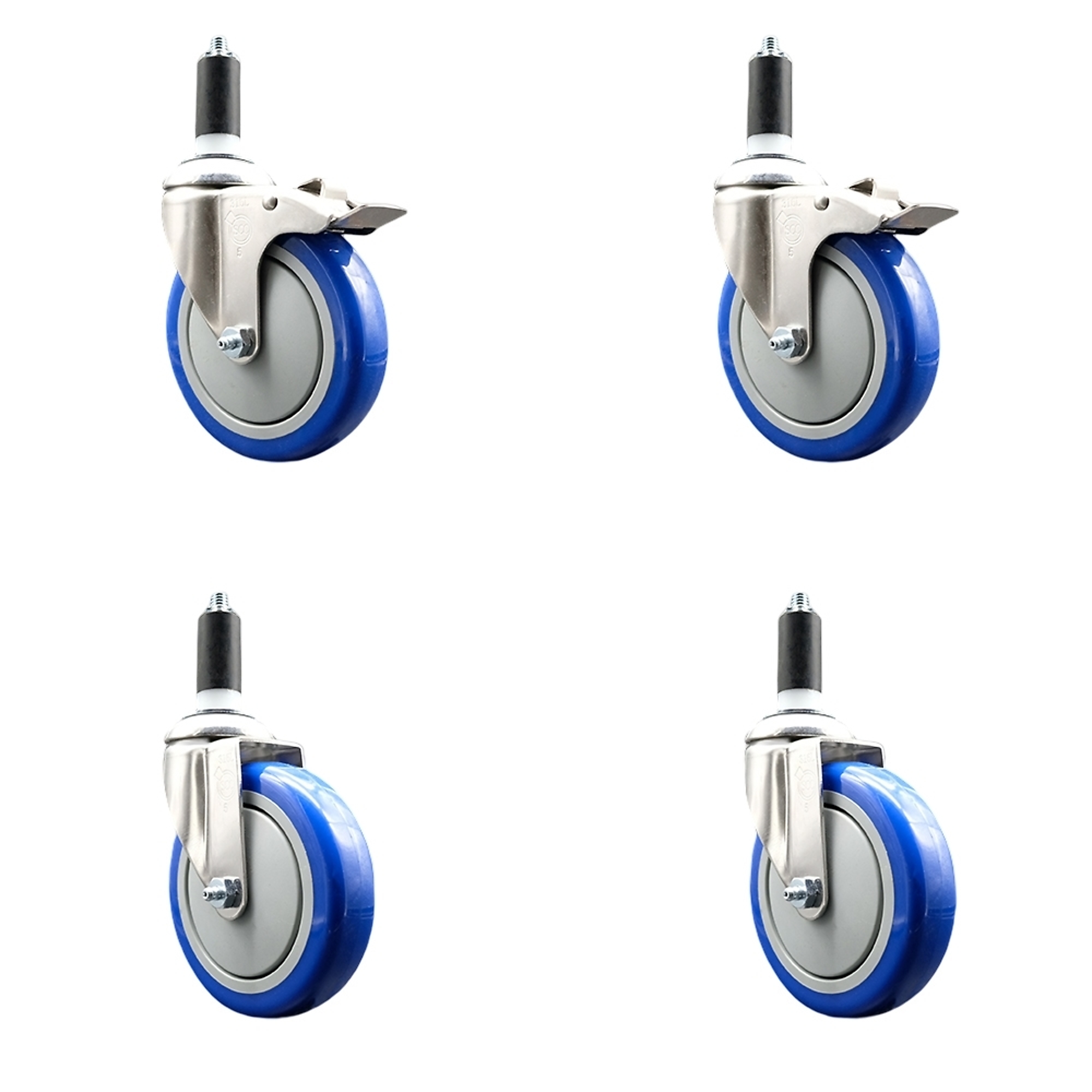 Service Caster, 5Inch x 1 1/4Inch Stem Casters, Wheel Diameter 5 in, Caster Type Swivel, Package (qty.) 4, Model SS316TTLEX20S514-PPUB-BLUE-2-S-2-114