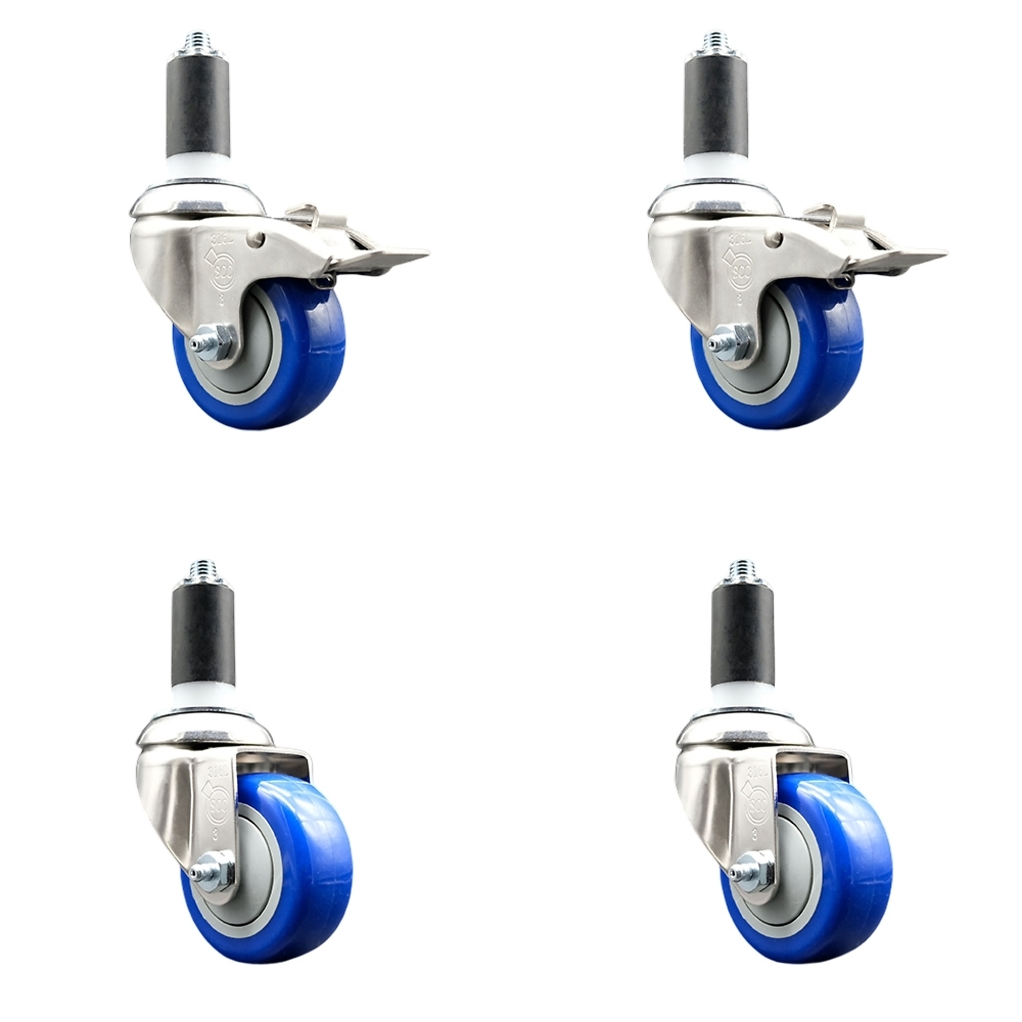 Service Caster, 3Inch x 1 1/4Inch Stem Casters, Wheel Diameter 3 in, Caster Type Swivel, Package (qty.) 4, Model SS316TTLEX20S314-PPUB-BLUE-2-S-2-138