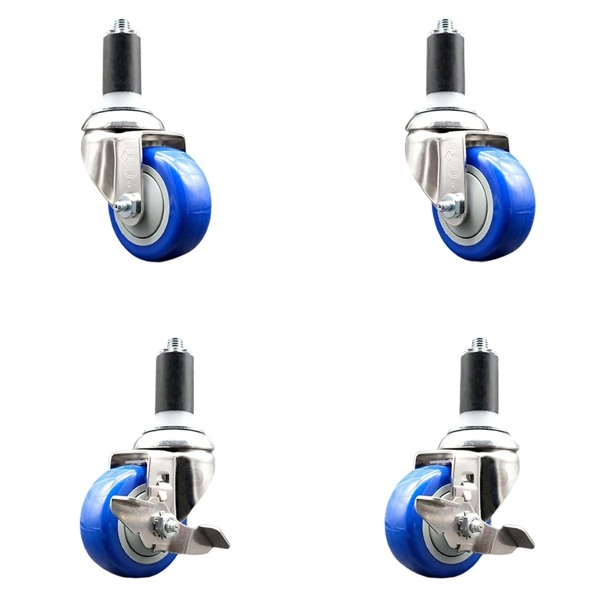 Service Caster, 3Inch x 1 1/4Inch Stem Casters, Wheel Diameter 3 in, Caster Type Swivel, Package (qty.) 4, Model SS316EX20S314-PPUB-BLUE-2-TLB-2-138