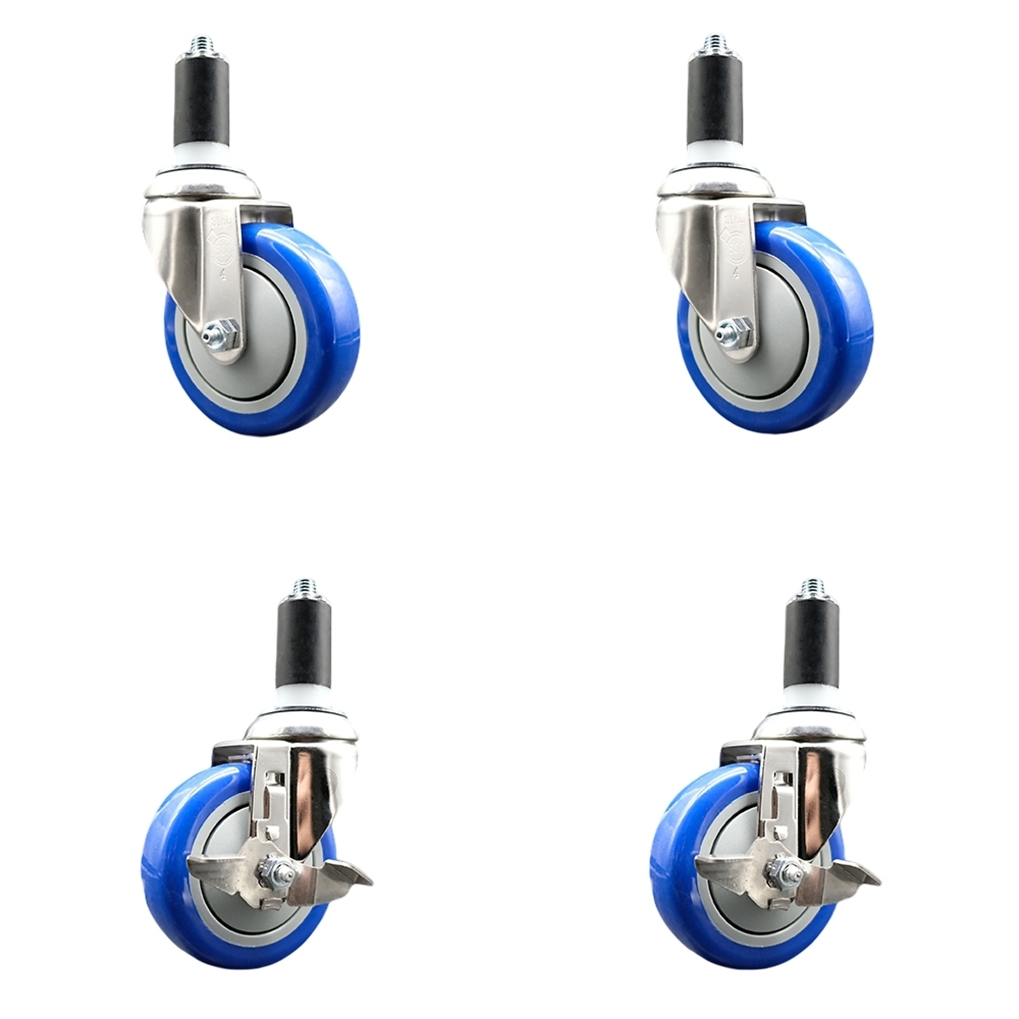 Service Caster, 4Inch x 1 1/4Inch Stem Casters, Wheel Diameter 4 in, Caster Type Swivel, Package (qty.) 4, Model SS316EX20S414-PPUB-BLUE-2-TLB-2-138