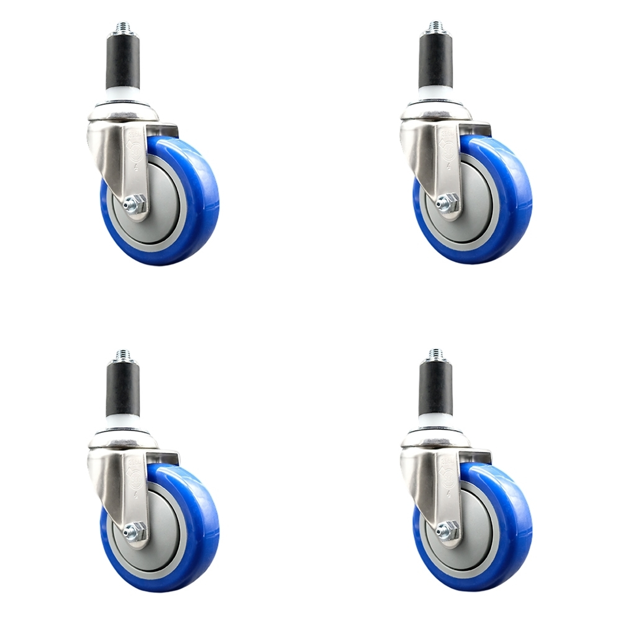 Service Caster, 4Inch x 1 1/4Inch Stem Casters, Wheel Diameter 4 in, Caster Type Swivel, Package (qty.) 4, Model SCC-SS316EX20S414-PPUB-BLUE-138-4