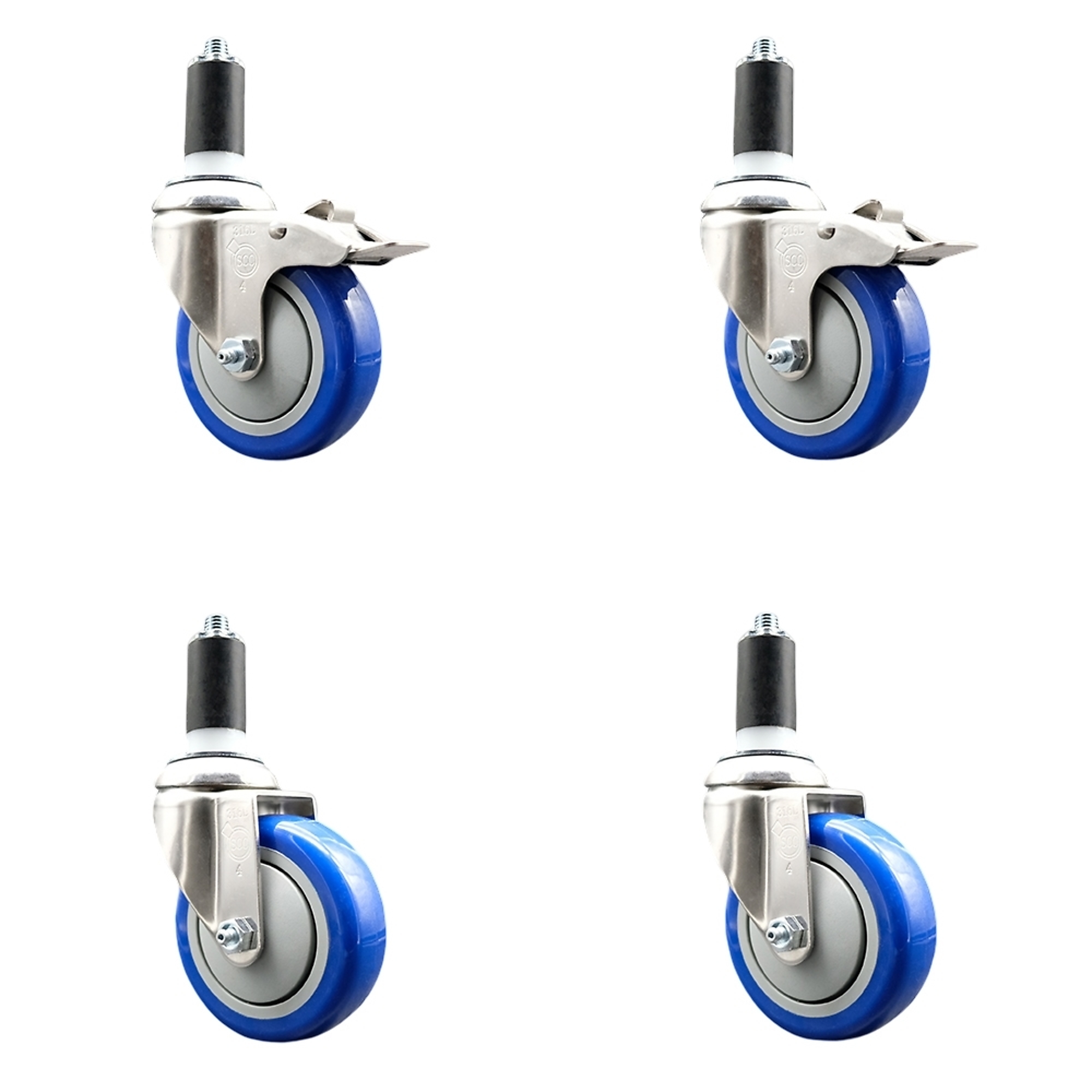 Service Caster, 4Inch x 1 1/4Inch Stem Casters, Wheel Diameter 4 in, Caster Type Swivel, Package (qty.) 4, Model SS316TTLEX20S414-PPUB-BLUE-2-S-2-138