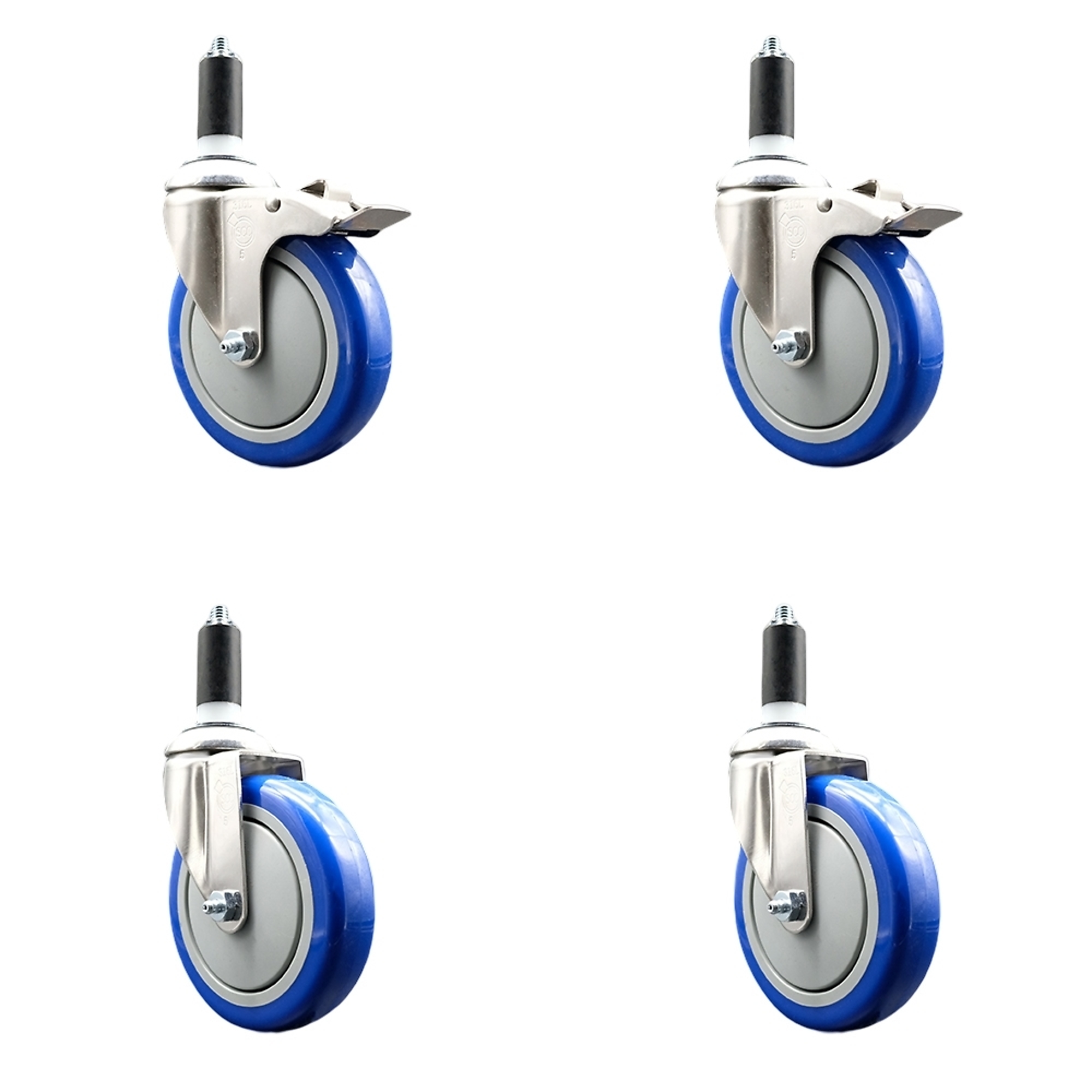 Service Caster, 5Inch x 1 1/4Inch Stem Casters, Wheel Diameter 5 in, Caster Type Swivel, Package (qty.) 4, Model SS316TTLEX20S514-PPUB-BLUE-2-S-2-138