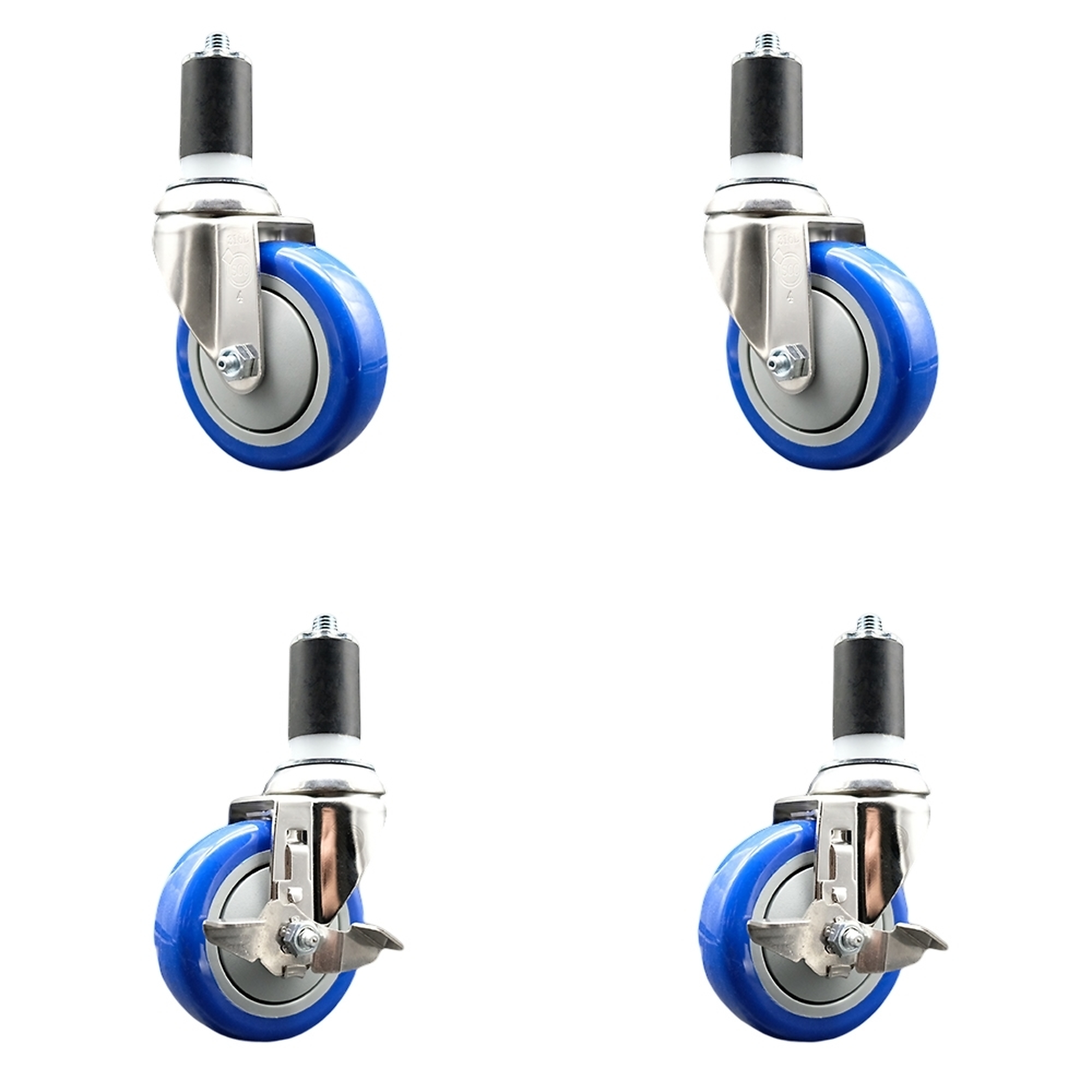 Service Caster, 4Inch x 1 1/4Inch Stem Casters, Wheel Diameter 4 in, Caster Type Swivel, Package (qty.) 4, Model SS316EX20S414-PPUB-BLUE-2-TLB-2-112