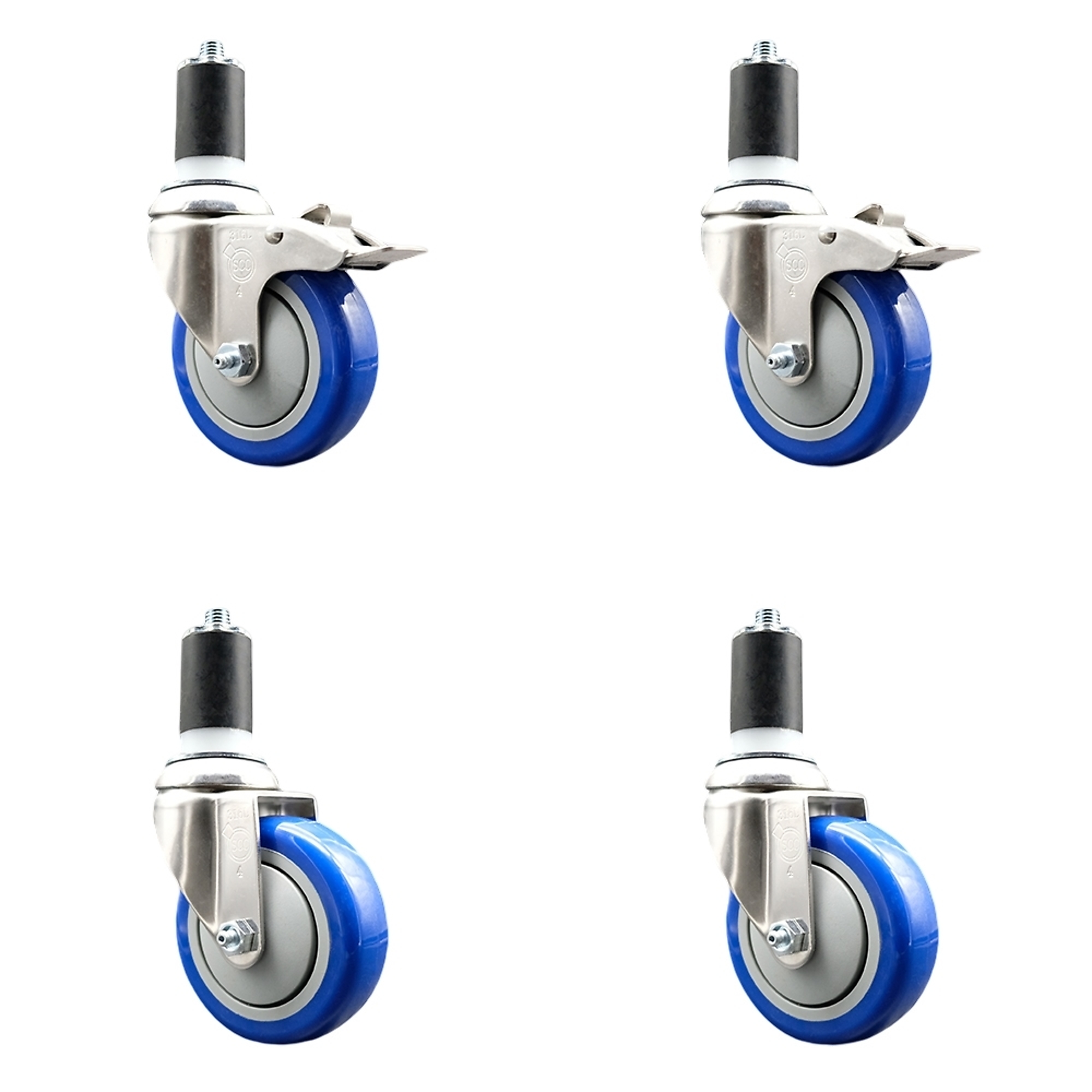 Service Caster, 4Inch x 1 1/4Inch Stem Casters, Wheel Diameter 4 in, Caster Type Swivel, Package (qty.) 4, Model SS316TTLEX20S414-PPUB-BLUE-2-S-2-112