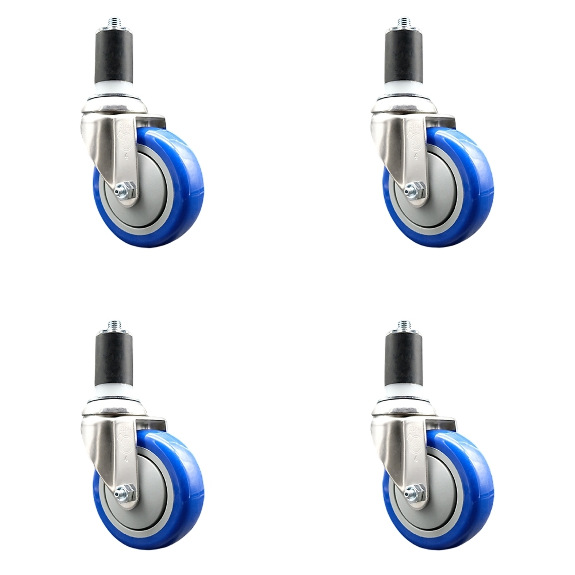 Service Caster, 4Inch x 1 1/4Inch Stem Casters, Wheel Diameter 4 in, Caster Type Swivel, Package (qty.) 4, Model SCC-SS316EX20S414-PPUB-BLUE-112-4