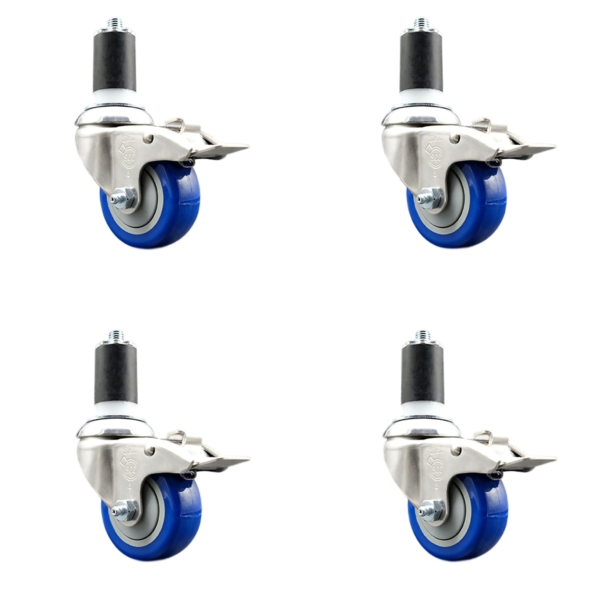 Service Caster, 3Inch x 1 1/4Inch Stem Casters, Wheel Diameter 3 in, Caster Type Swivel, Package (qty.) 4, Model SCC-SS316TTLEX20S314-PPUB-BLUE-158-4