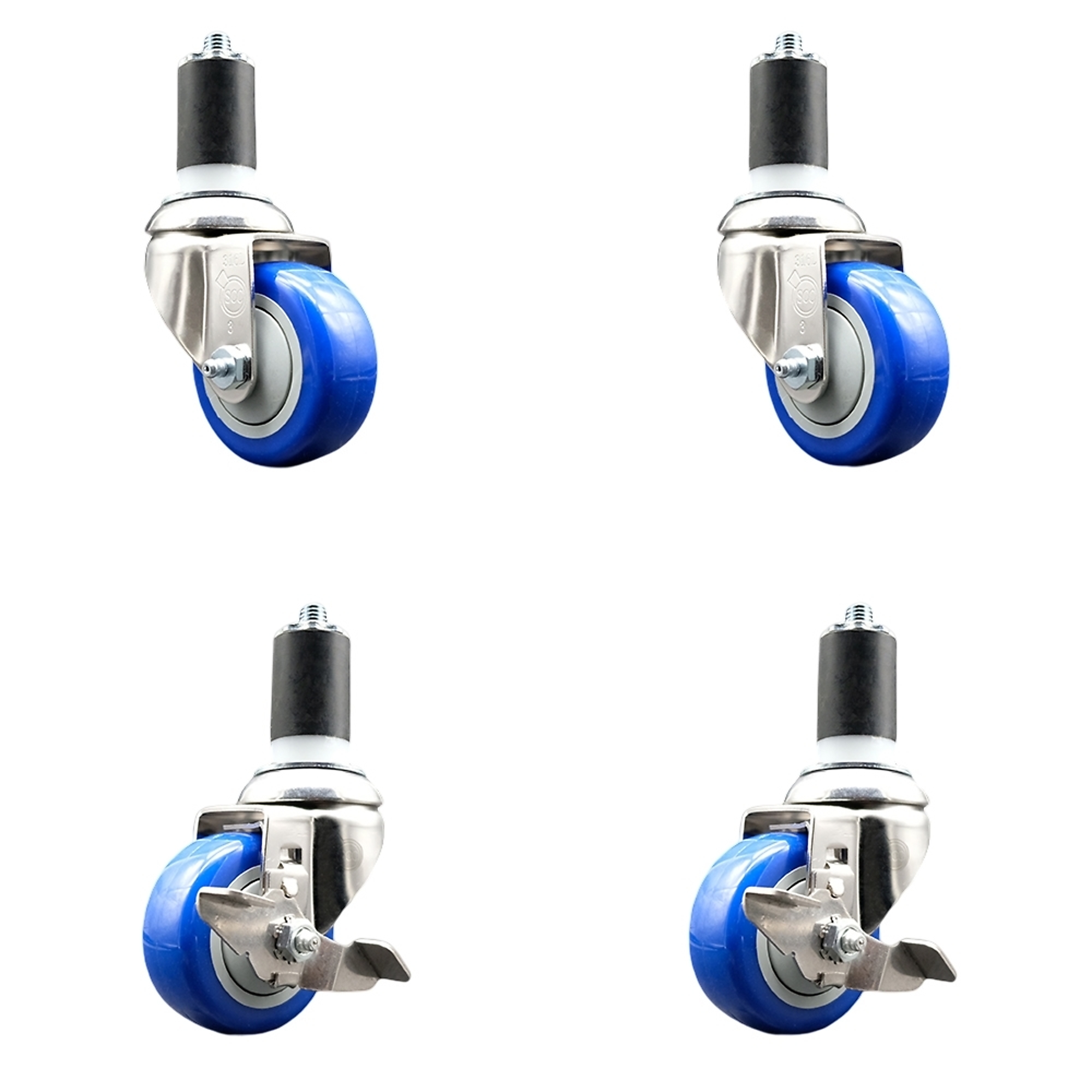 Service Caster, 3Inch x 1 1/4Inch Stem Casters, Wheel Diameter 3 in, Caster Type Swivel, Package (qty.) 4, Model SS316EX20S314-PPUB-BLUE-2-TLB-2-158