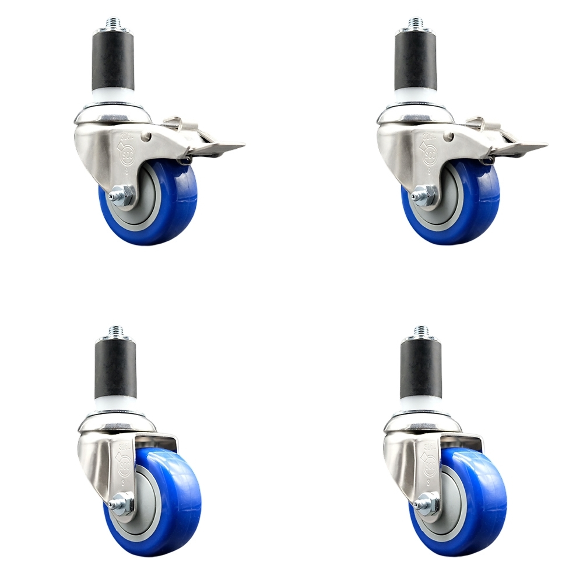 Service Caster, 3Inch x 1 1/4Inch Stem Casters, Wheel Diameter 3 in, Caster Type Swivel, Package (qty.) 4, Model SS316TTLEX20S314-PPUB-BLUE-2-S-2-158