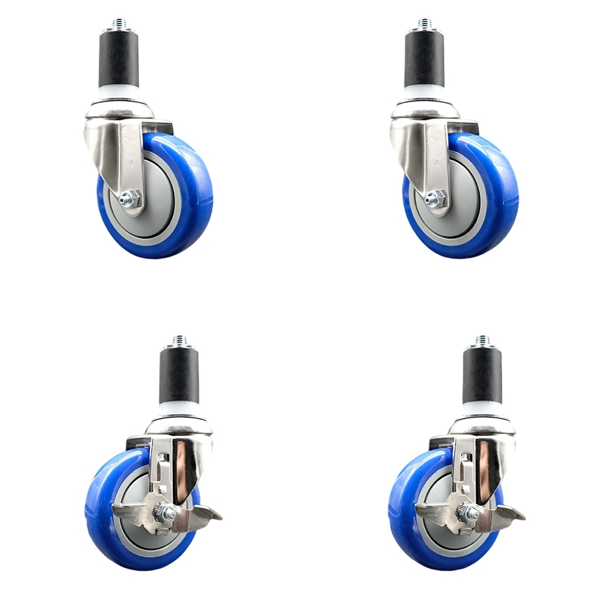 Service Caster, 4Inch x 1 1/4Inch Stem Casters, Wheel Diameter 4 in, Caster Type Swivel, Package (qty.) 4, Model SS316EX20S414-PPUB-BLUE-2-TLB-2-158