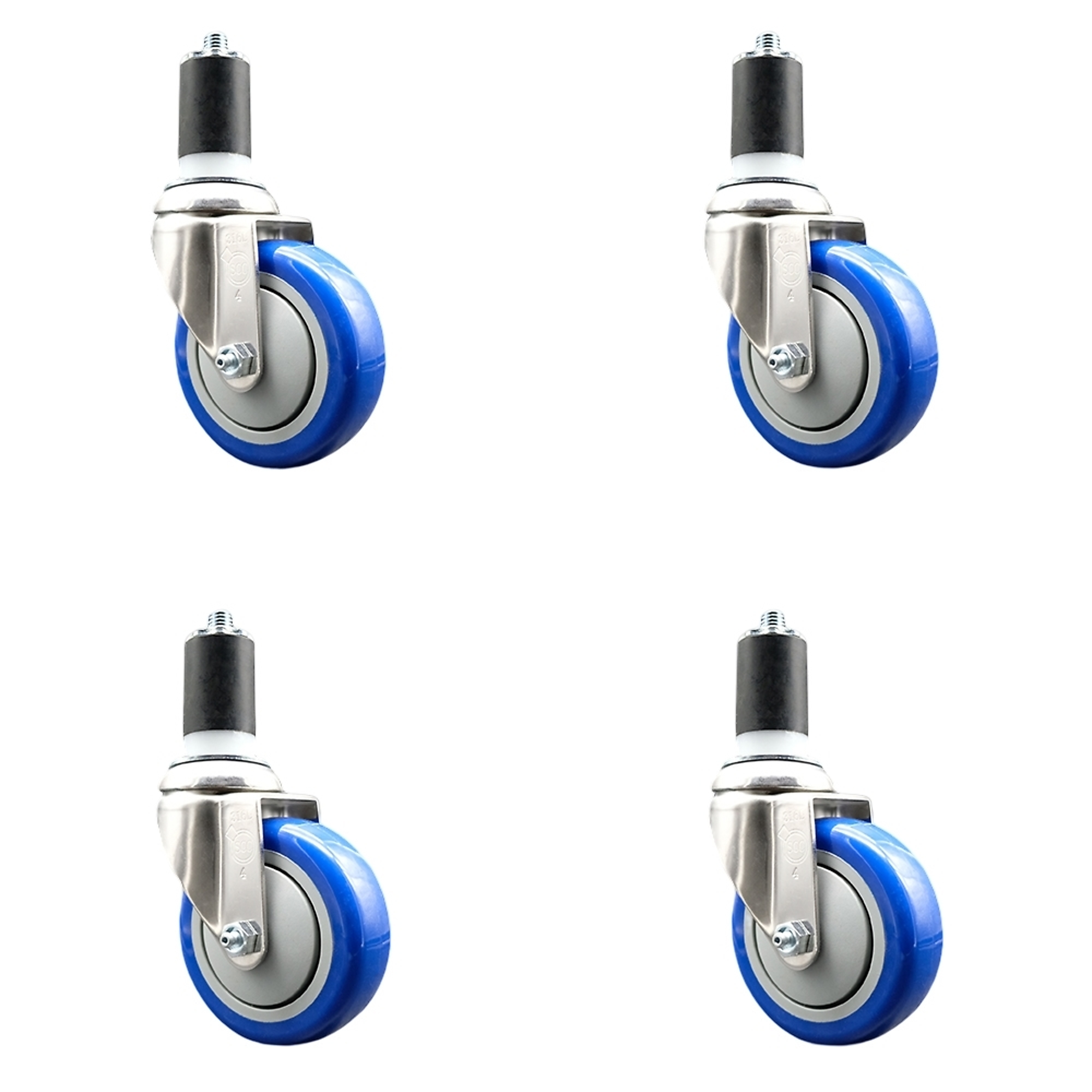 Service Caster, 4Inch x 1 1/4Inch Stem Casters, Wheel Diameter 4 in, Caster Type Swivel, Package (qty.) 4, Model SCC-SS316EX20S414-PPUB-BLUE-158-4