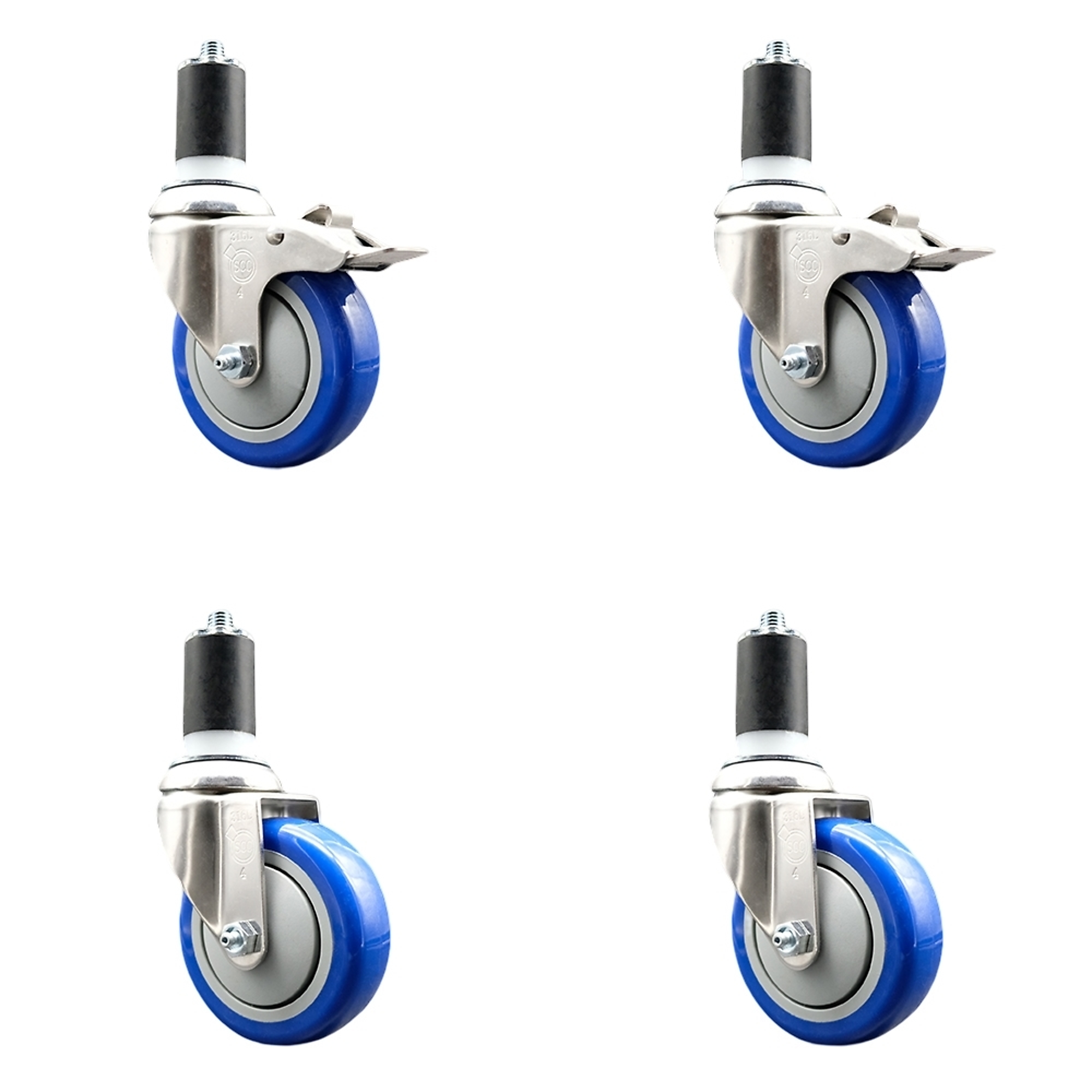 Service Caster, 4Inch x 1 1/4Inch Stem Casters, Wheel Diameter 4 in, Caster Type Swivel, Package (qty.) 4, Model SS316TTLEX20S414-PPUB-BLUE-2-S-2-158