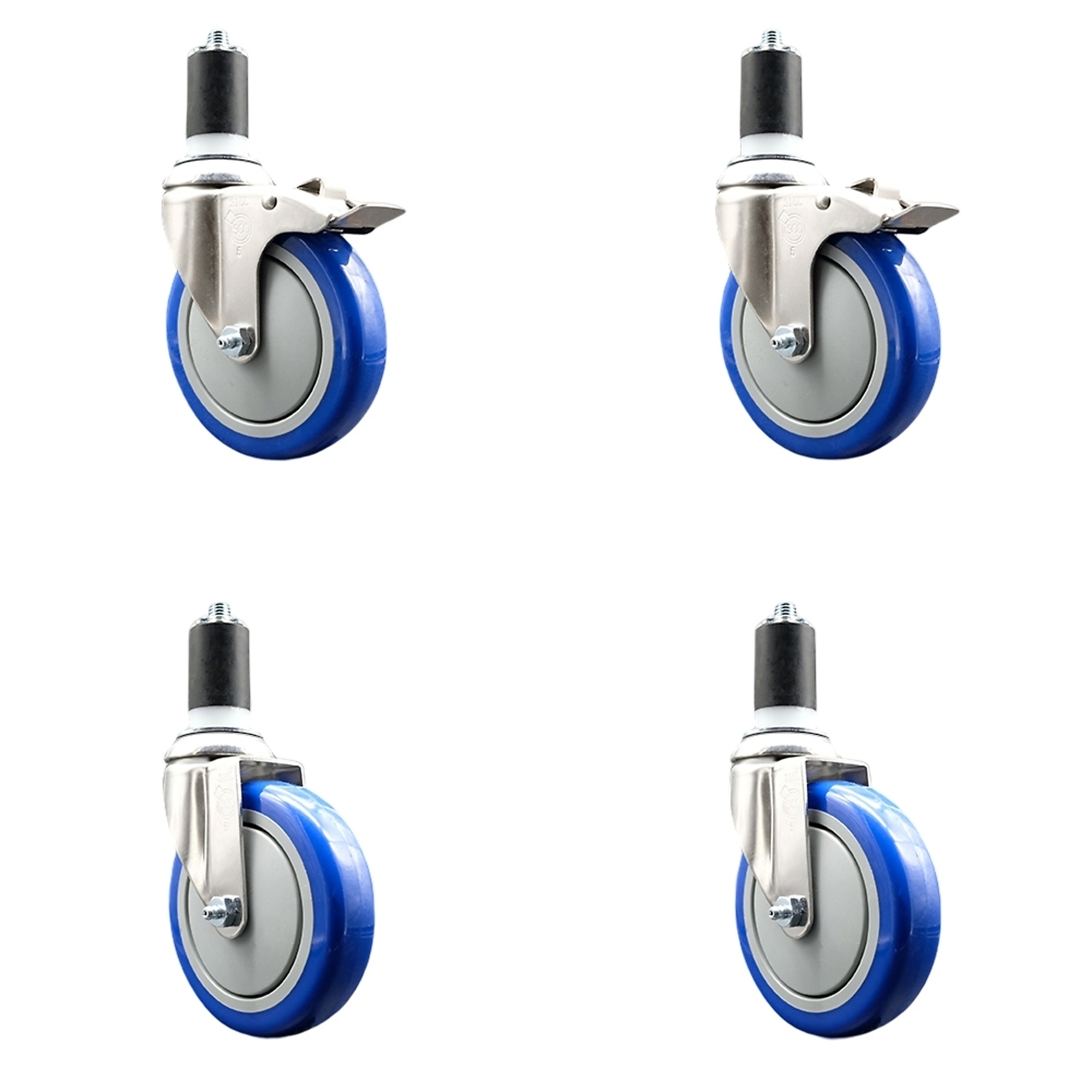 Service Caster, 5Inch x 1 1/4Inch Stem Casters, Wheel Diameter 5 in, Caster Type Swivel, Package (qty.) 4, Model SS316TTLEX20S514-PPUB-BLUE-2-S-2-158