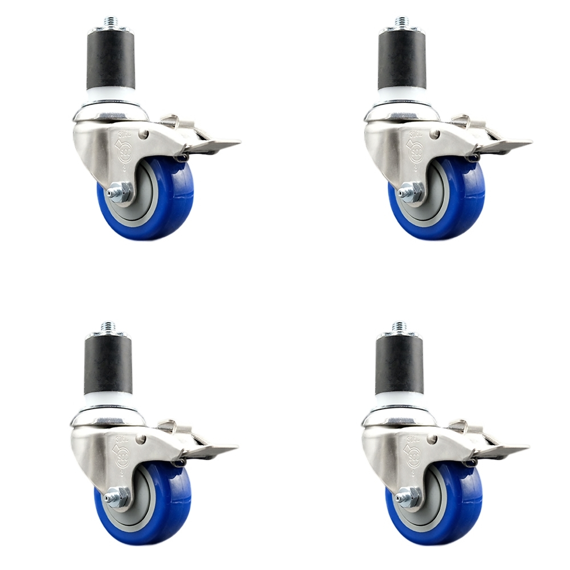 Service Caster, 3Inch x 1 1/4Inch Stem Casters, Wheel Diameter 3 in, Caster Type Swivel, Package (qty.) 4, Model SCC-SS316TTLEX20S314-PPUB-BLUE-134-4