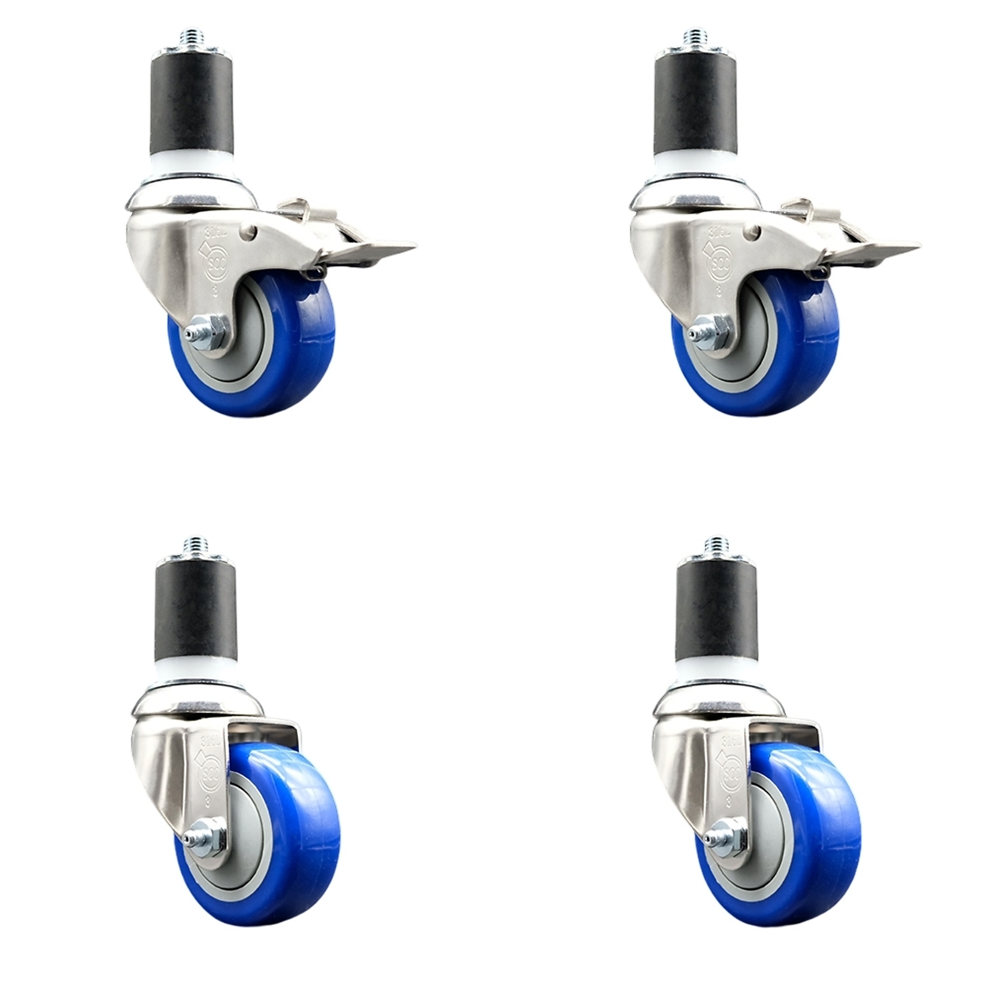 Service Caster, 3Inch x 1 1/4Inch Stem Casters, Wheel Diameter 3 in, Caster Type Swivel, Package (qty.) 4, Model SS316TTLEX20S314-PPUB-BLUE-2-S-2-134