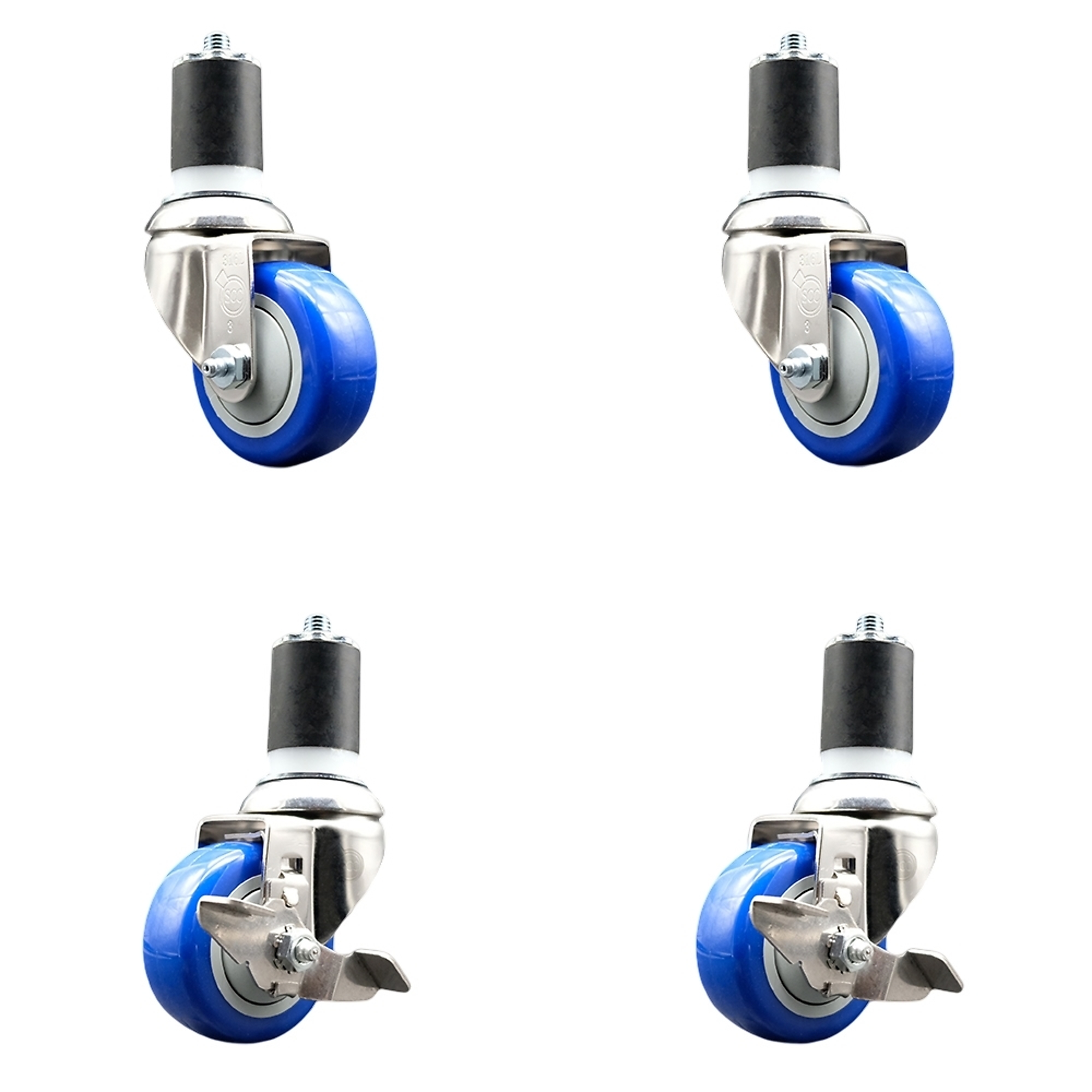 Service Caster, 3Inch x 1 1/4Inch Stem Casters, Wheel Diameter 3 in, Caster Type Swivel, Package (qty.) 4, Model SS316EX20S314-PPUB-BLUE-2-TLB-2-134