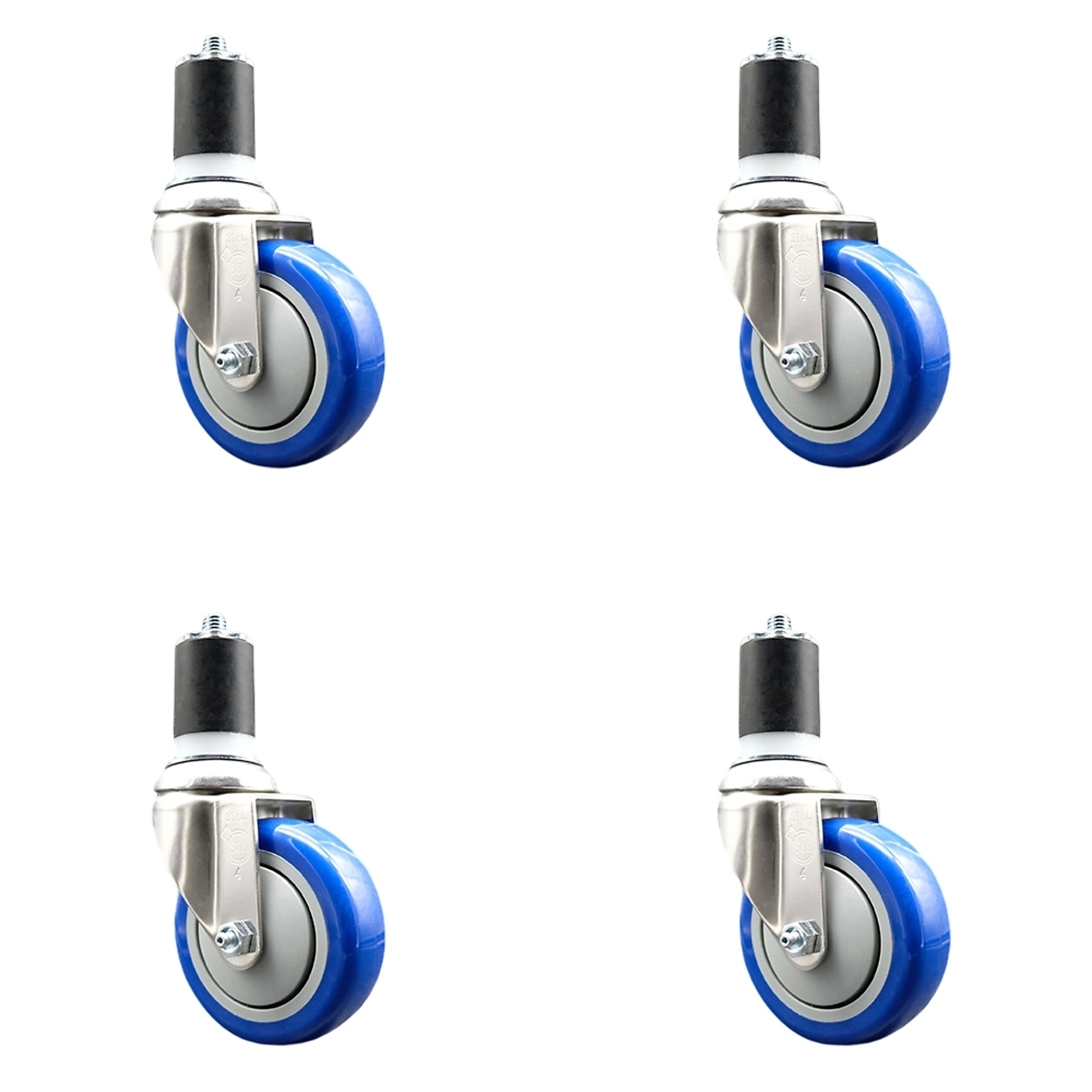 Service Caster, 4Inch x 1 1/4Inch Stem Casters, Wheel Diameter 4 in, Caster Type Swivel, Package (qty.) 4, Model SCC-SS316EX20S414-PPUB-BLUE-134-4