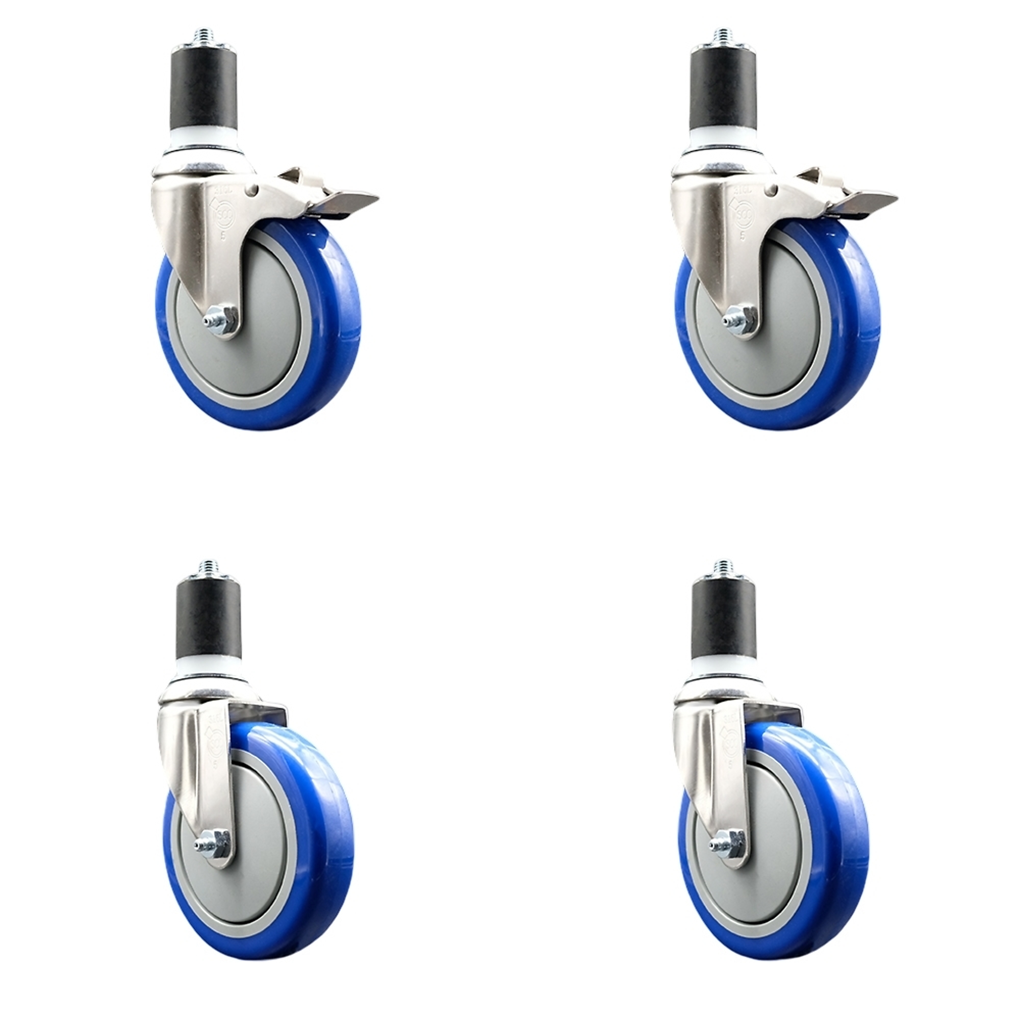 Service Caster, 5Inch x 1 1/4Inch Stem Casters, Wheel Diameter 5 in, Caster Type Swivel, Package (qty.) 4, Model SS316TTLEX20S514-PPUB-BLUE-2-S-2-134