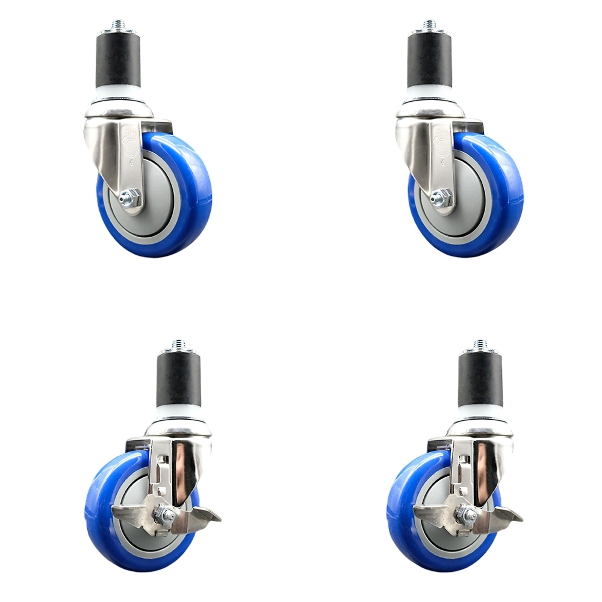 Service Caster, 4Inch x 1 1/4Inch Stem Casters, Wheel Diameter 4 in, Caster Type Swivel, Package (qty.) 4, Model SS316EX20S414-PPUB-BLUE-2-TLB-2-134