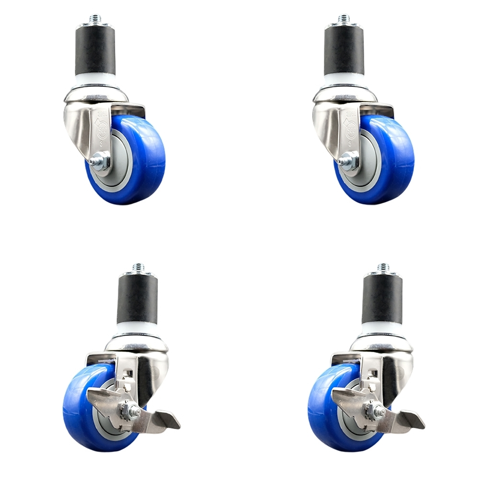 Service Caster, 3Inch x 1 1/4Inch Stem Casters, Wheel Diameter 3 in, Caster Type Swivel, Package (qty.) 4, Model SS316EX20S314-PPUB-BLUE-2-TLB-2-178