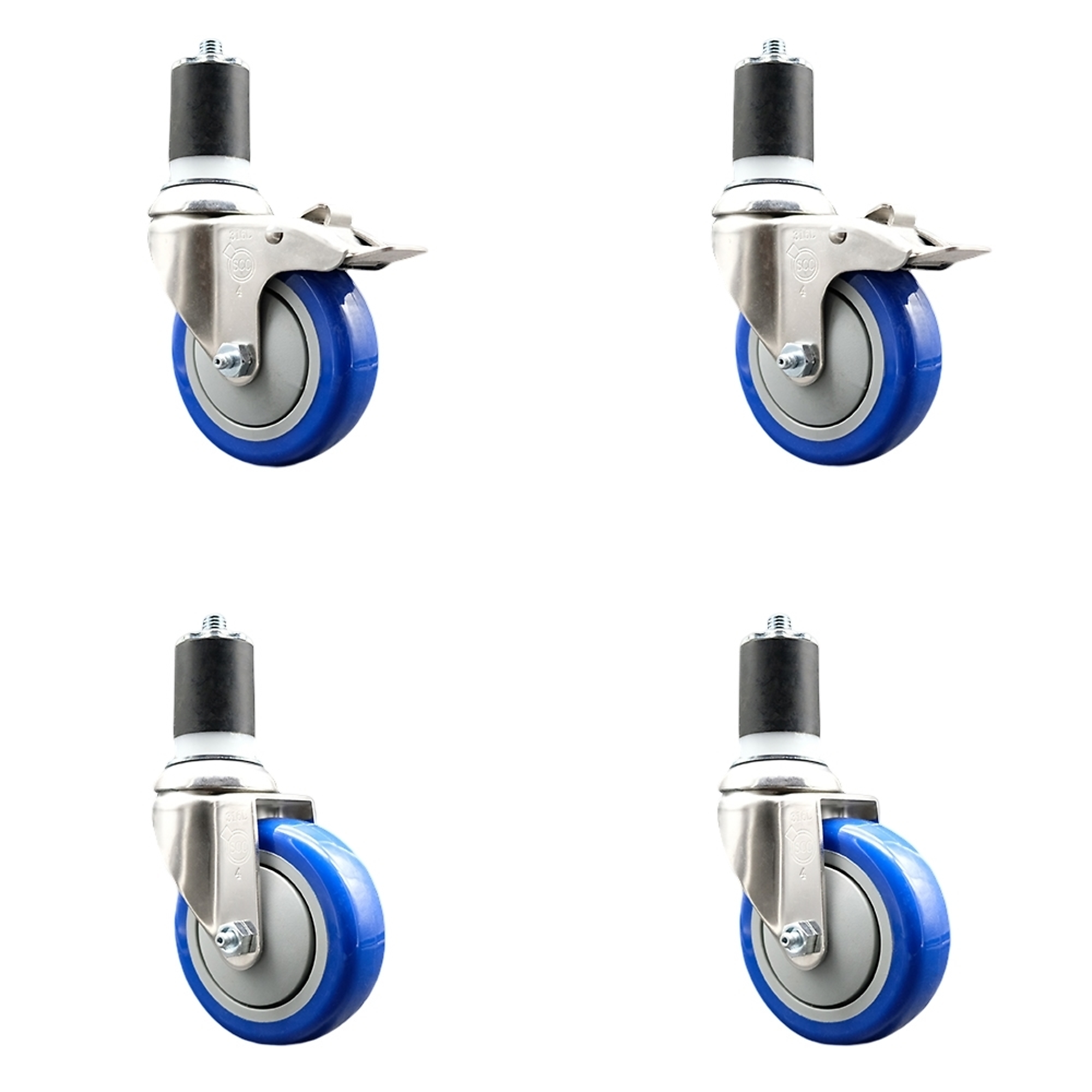 Service Caster, 4Inch x 1 1/4Inch Stem Casters, Wheel Diameter 4 in, Caster Type Swivel, Package (qty.) 4, Model SS316TTLEX20S414-PPUB-BLUE-2-S-2-134