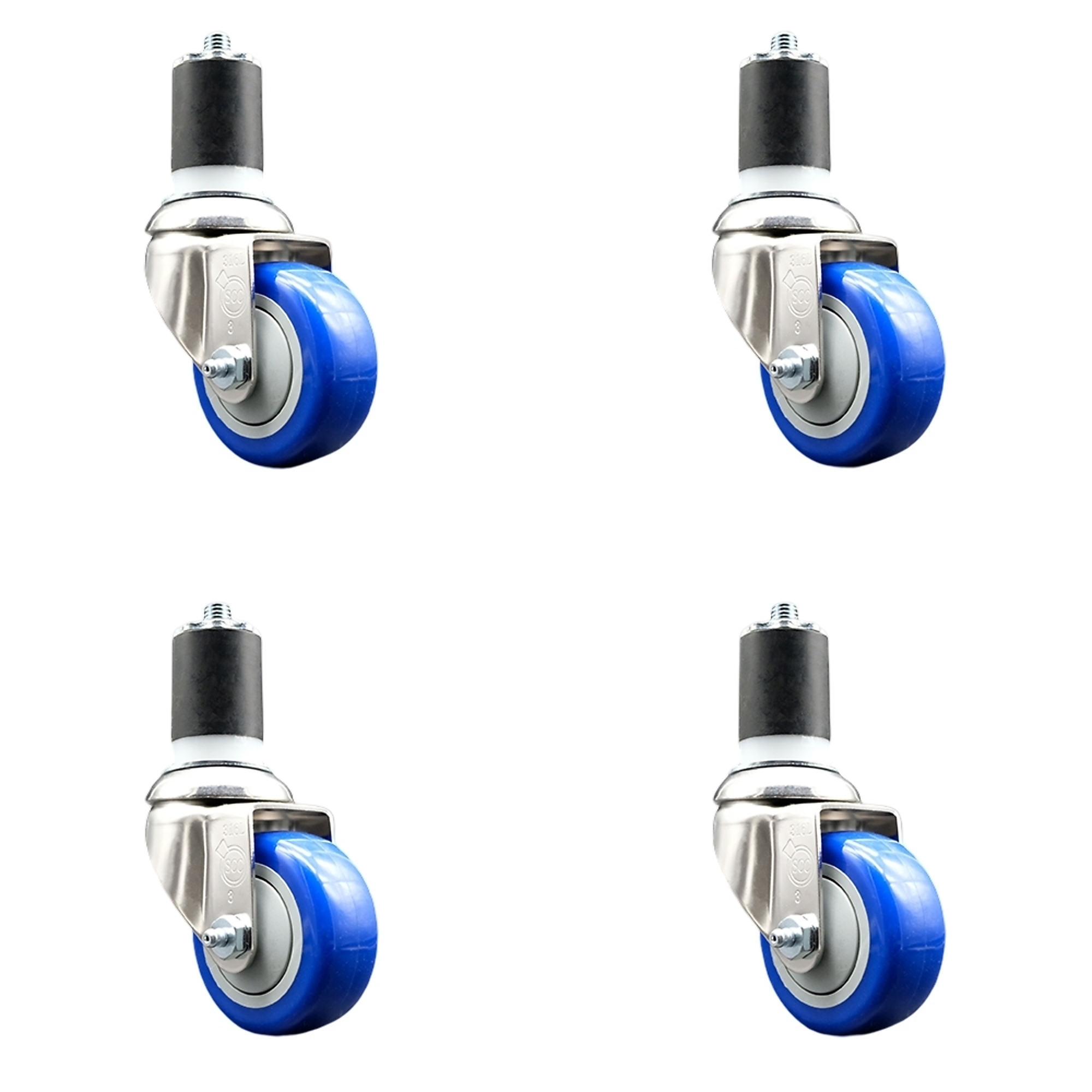 Service Caster, 3 1/2Inch x 1 1/4Inch Stem Casters, Wheel Diameter 3.5 in, Caster Type Swivel, Package (qty.) 4, Model SCC-SS316EX20S3514-PPUB-BLUE-