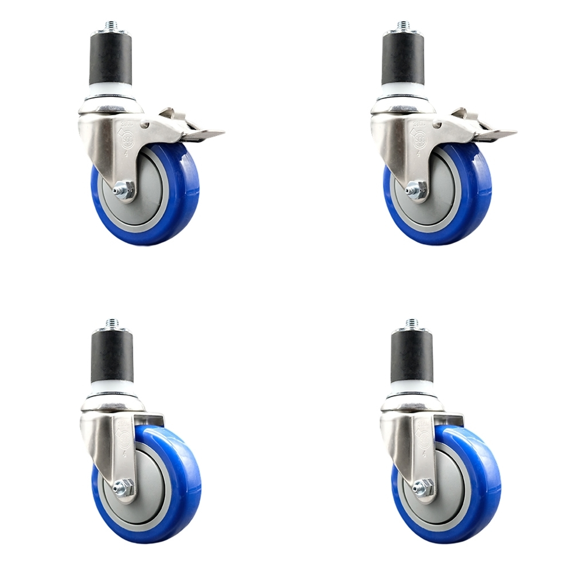 Service Caster, 4Inch x 1 1/4Inch Stem Casters, Wheel Diameter 4 in, Caster Type Swivel, Package (qty.) 4, Model SS316TTLEX20S414-PPUB-BLUE-2-S-2-178