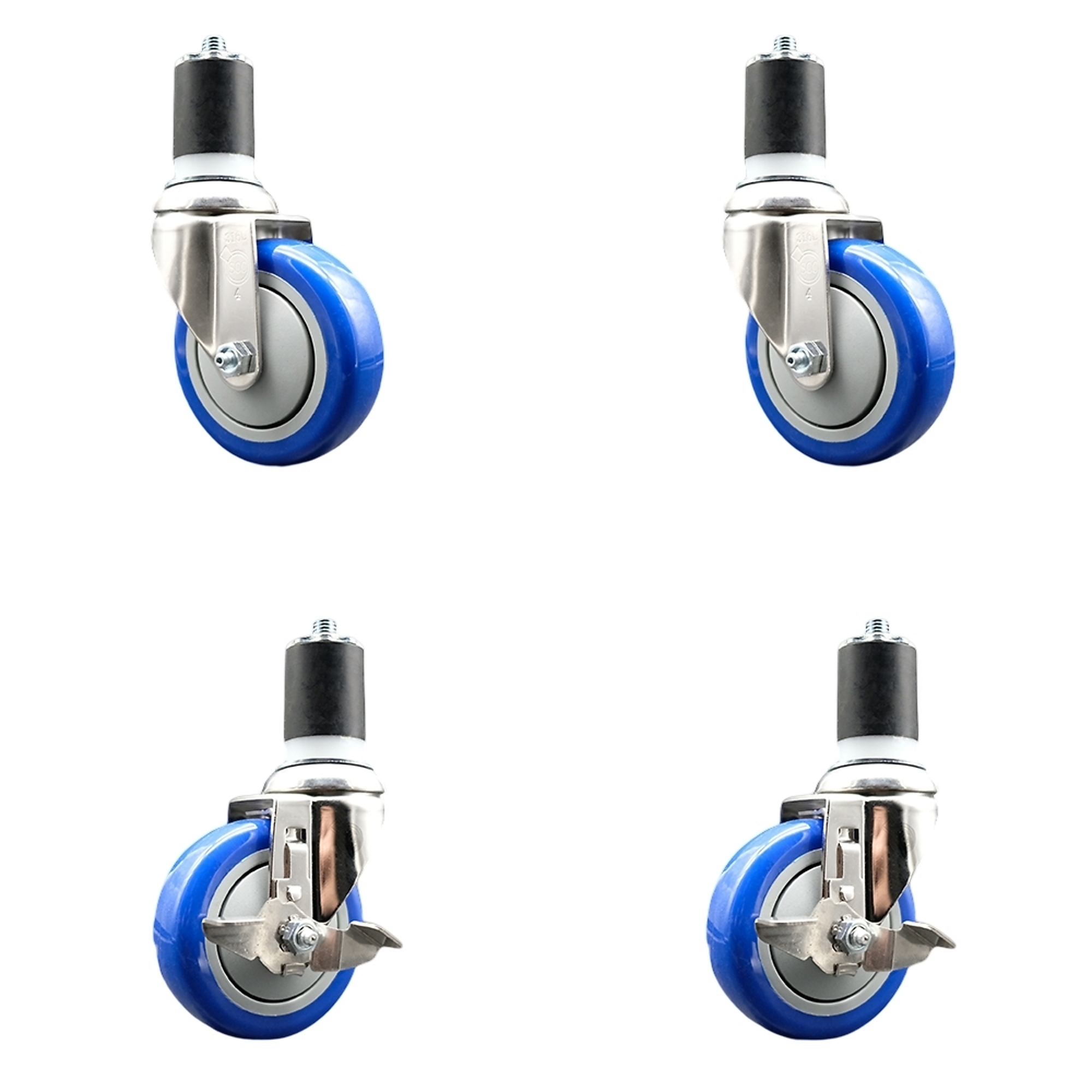 Service Caster, 4Inch x 1 1/4Inch Stem Casters, Wheel Diameter 4 in, Caster Type Swivel, Package (qty.) 4, Model SS316EX20S414-PPUB-BLUE-2-TLB-2-178