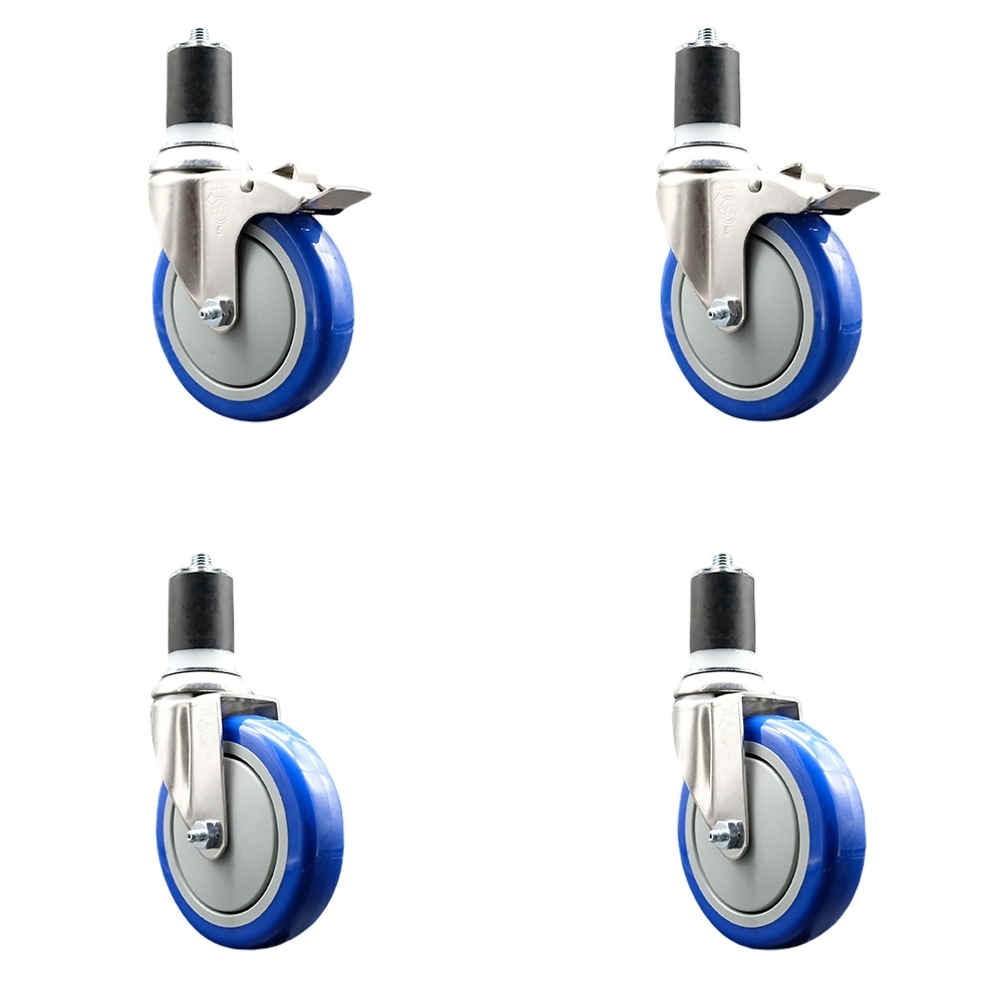 Service Caster, 5Inch x 1 1/4Inch Stem Casters, Wheel Diameter 5 in, Caster Type Swivel, Package (qty.) 4, Model SS316TTLEX20S514-PPUB-BLUE-2-S-2-178