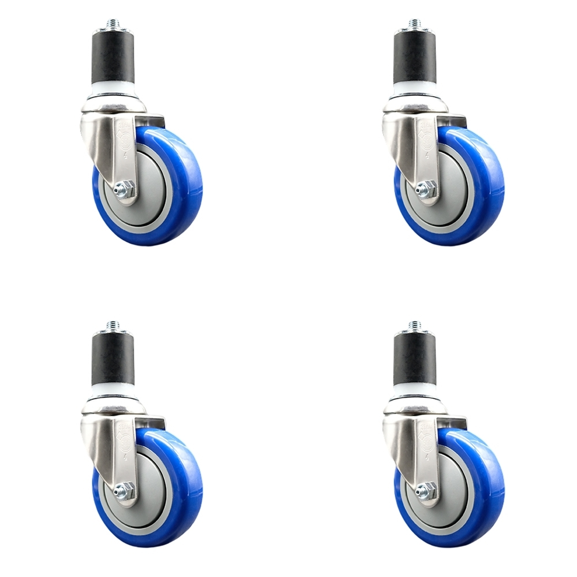 Service Caster, 4Inch x 1 1/4Inch Stem Casters, Wheel Diameter 4 in, Caster Type Swivel, Package (qty.) 4, Model SCC-SS316EX20S414-PPUB-BLUE-178-4