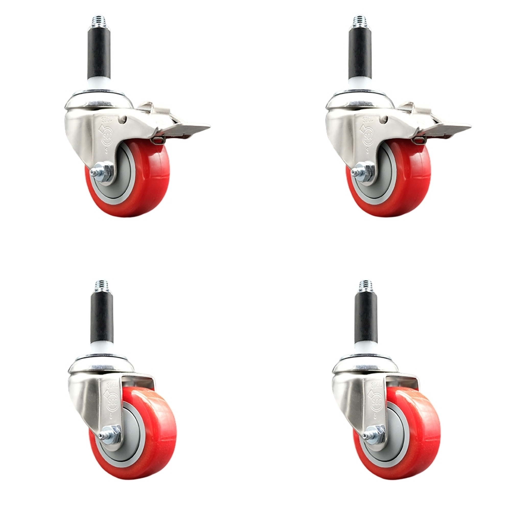 Service Caster, 3 1/2Inch x 1 1/4Inch Stem Casters, Wheel Diameter 3.5 in, Caster Type Swivel, Package (qty.) 4, Model SS316TTLEX20S3514-PPUB-RED-2-S-