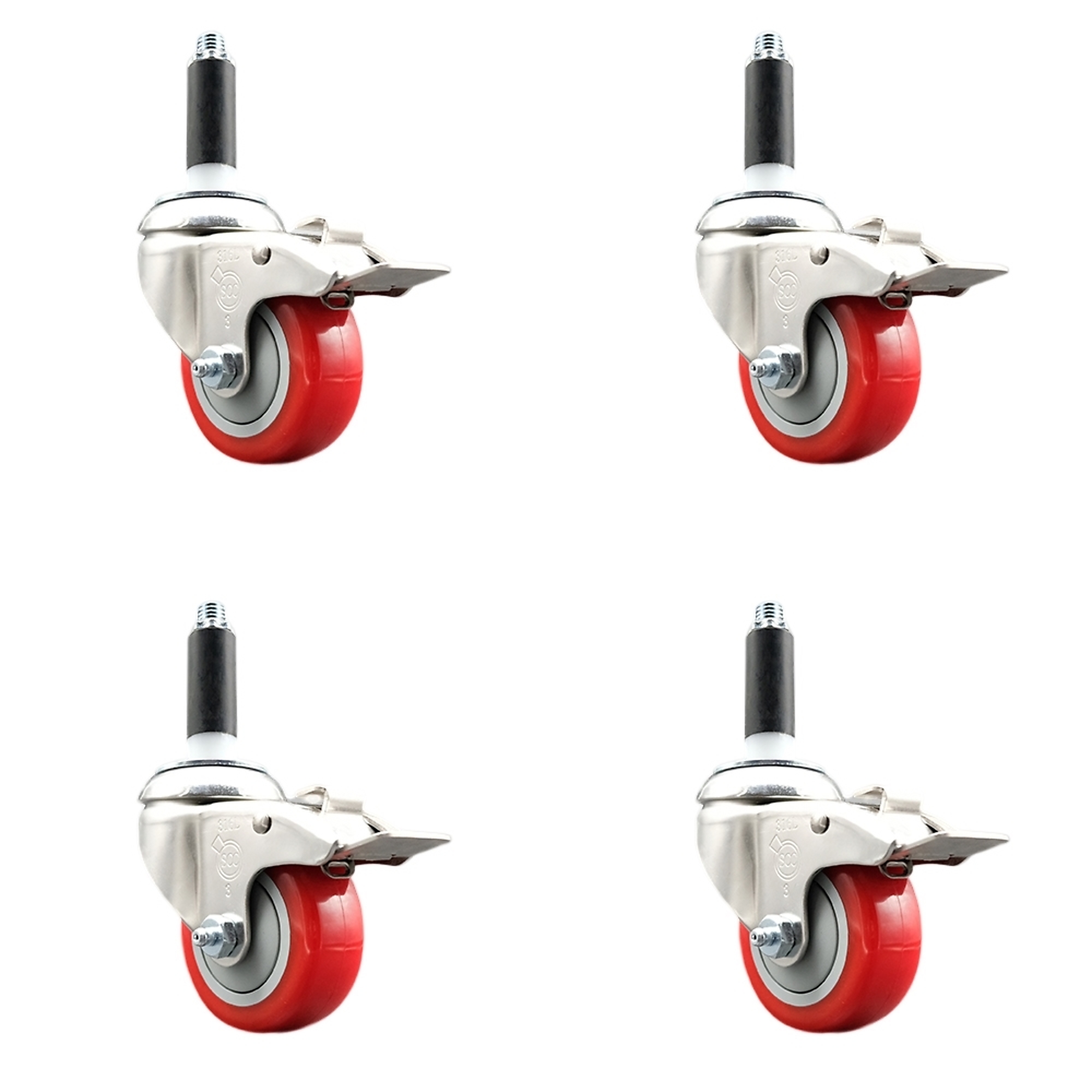 Service Caster, 3Inch x 1 1/4Inch Stem Casters, Wheel Diameter 3 in, Caster Type Swivel, Package (qty.) 4, Model SCC-SS316TTLEX20S314-PPUB-RED-34-4