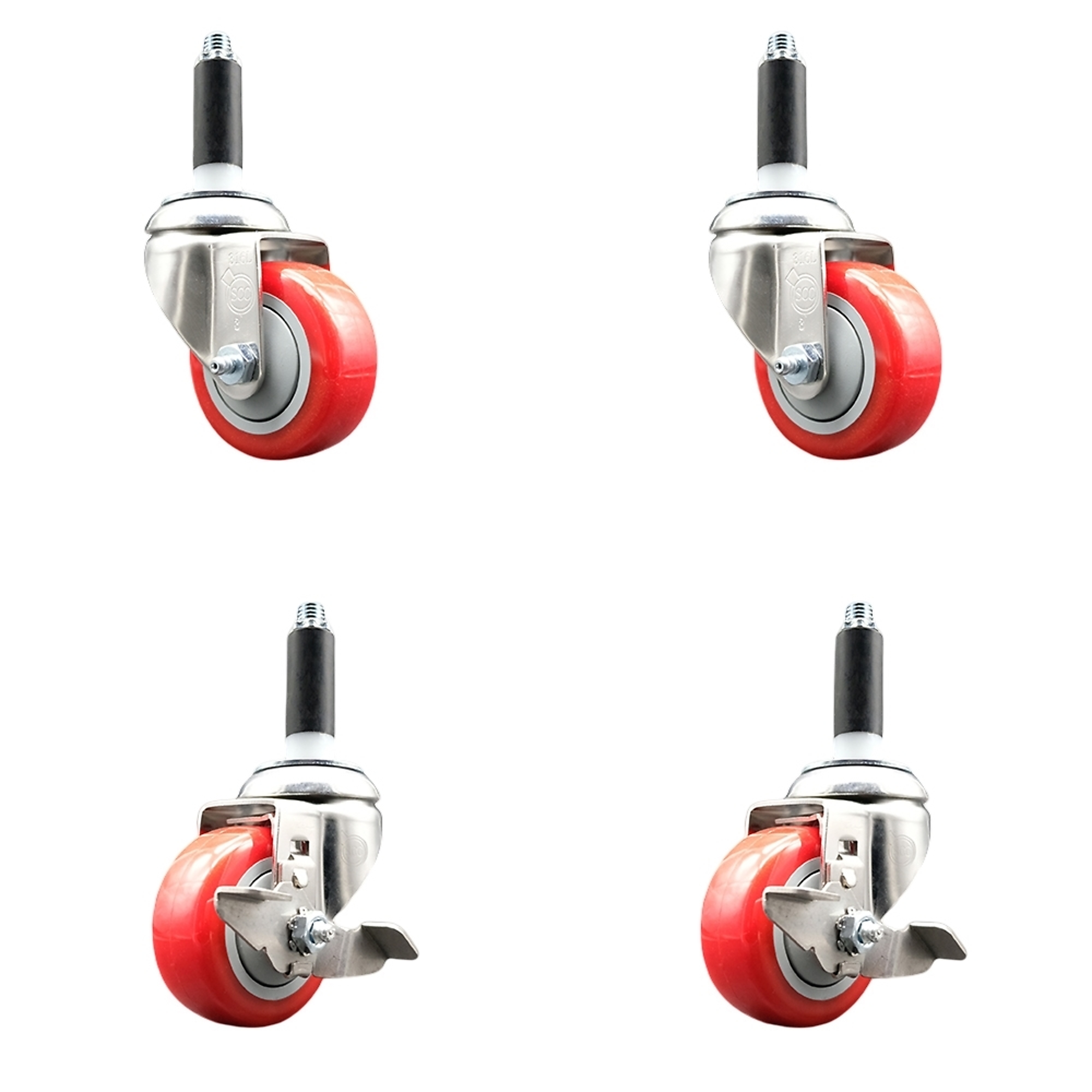 Service Caster, 3 1/2Inch x 1 1/4Inch Stem Casters, Wheel Diameter 3.5 in, Caster Type Swivel, Package (qty.) 4, Model SS316EX20S3514-PPUB-RED-2-TLB-2