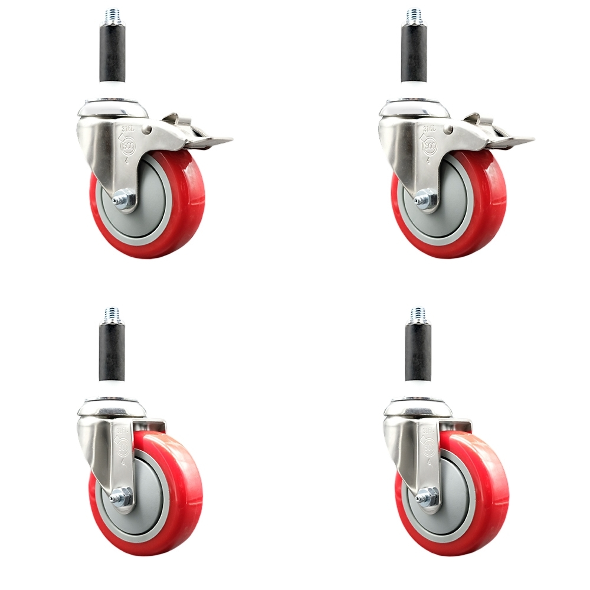 Service Caster, 4Inch x 1 1/4Inch Stem Casters, Wheel Diameter 4 in, Caster Type Swivel, Package (qty.) 4, Model SS316TTLEX20S414-PPUB-RED-2-S-2-34