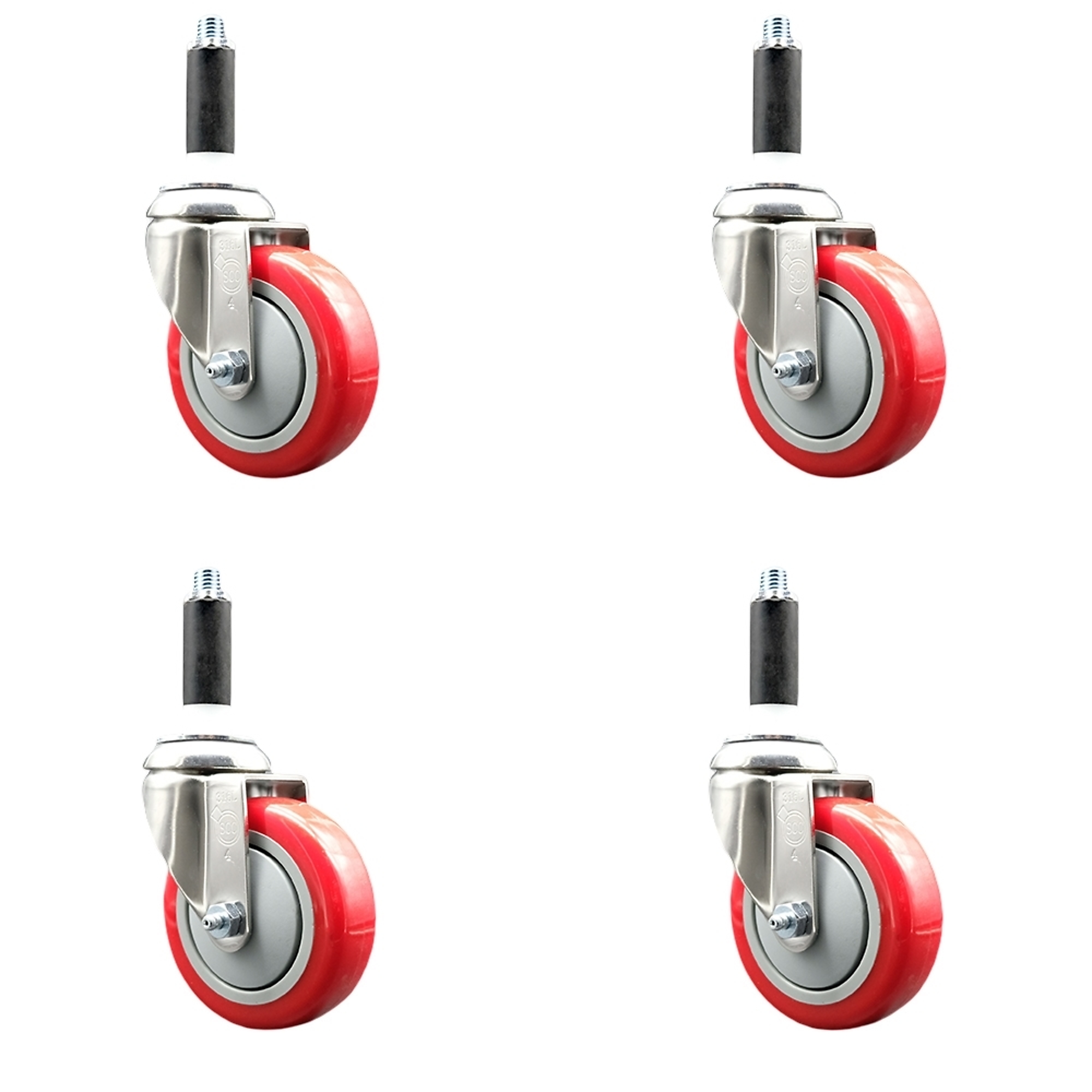 Service Caster, 4Inch x 1 1/4Inch Stem Casters, Wheel Diameter 4 in, Caster Type Swivel, Package (qty.) 4, Model SCC-SS316EX20S414-PPUB-RED-34-4