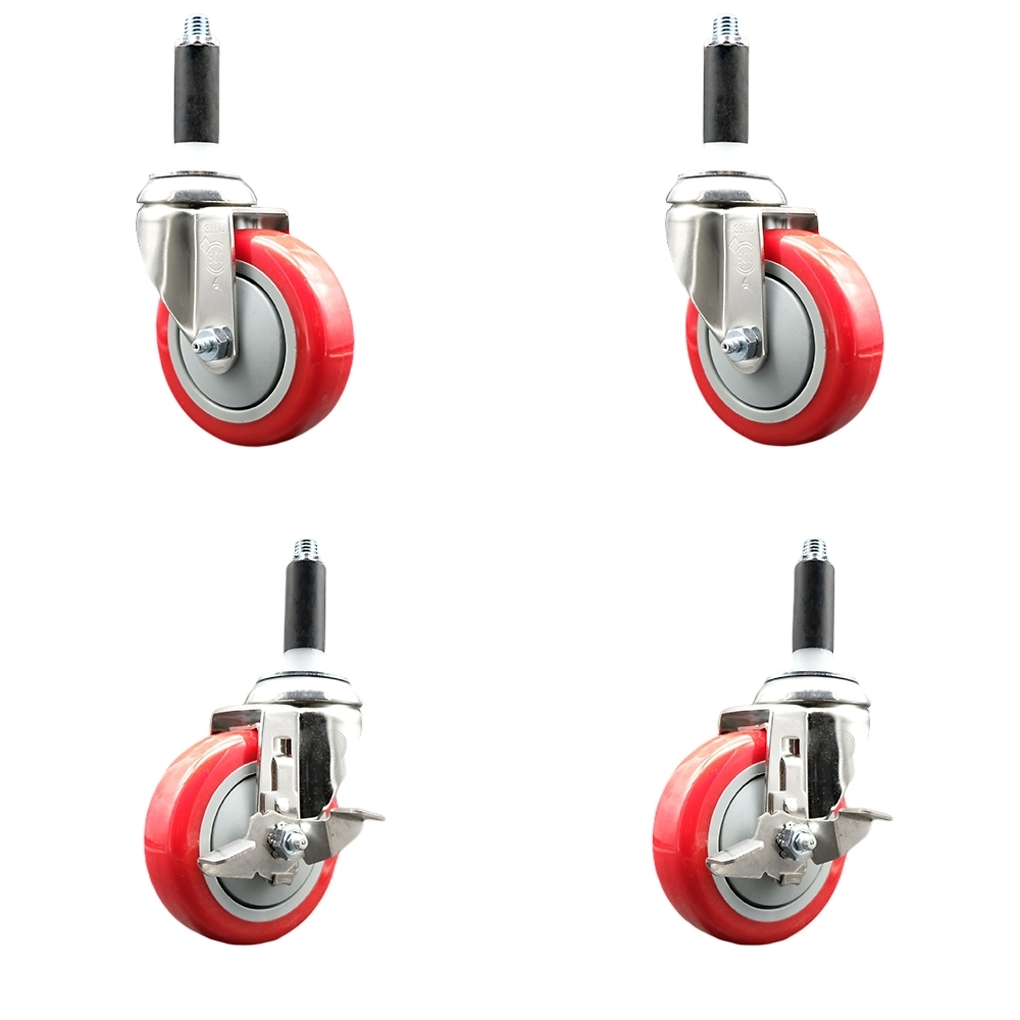 Service Caster, 4Inch x 1 1/4Inch Stem Casters, Wheel Diameter 4 in, Caster Type Swivel, Package (qty.) 4, Model SCC-SS316EX20S414-PPUBRED-2-TLB-2-34