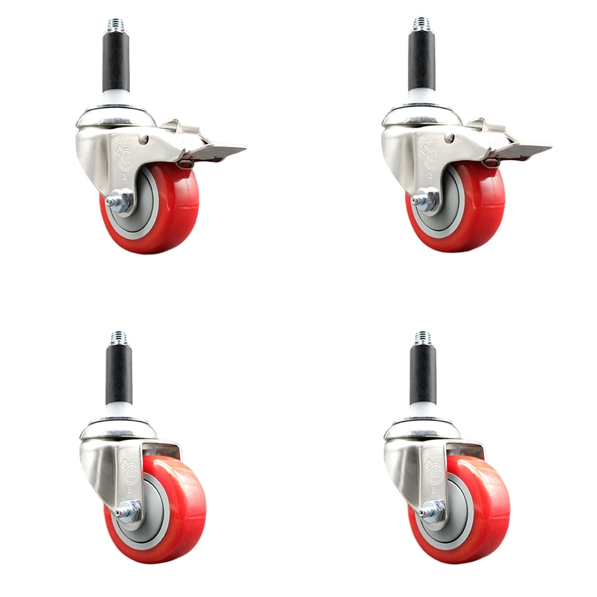 Service Caster, 3Inch x 1 1/4Inch Stem Casters, Wheel Diameter 3 in, Caster Type Swivel, Package (qty.) 4, Model SS316TTLEX20S314-PPUB-RED-2-S-2-78