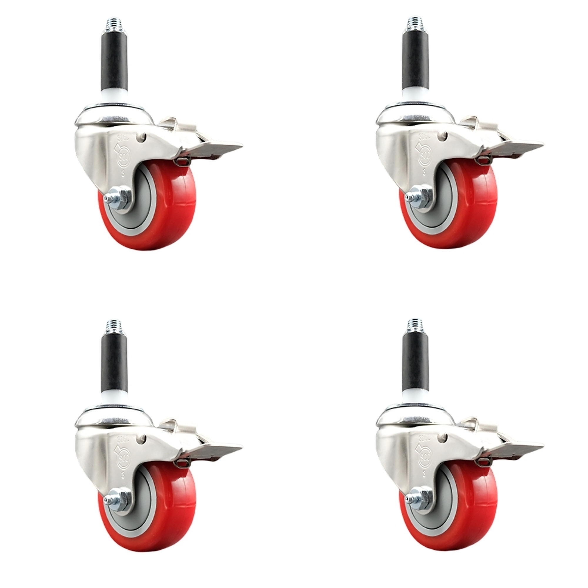 Service Caster, 3Inch x 1 1/4Inch Stem Casters, Wheel Diameter 3 in, Caster Type Swivel, Package (qty.) 4, Model SCC-SS316TTLEX20S314-PPUB-RED-78-4