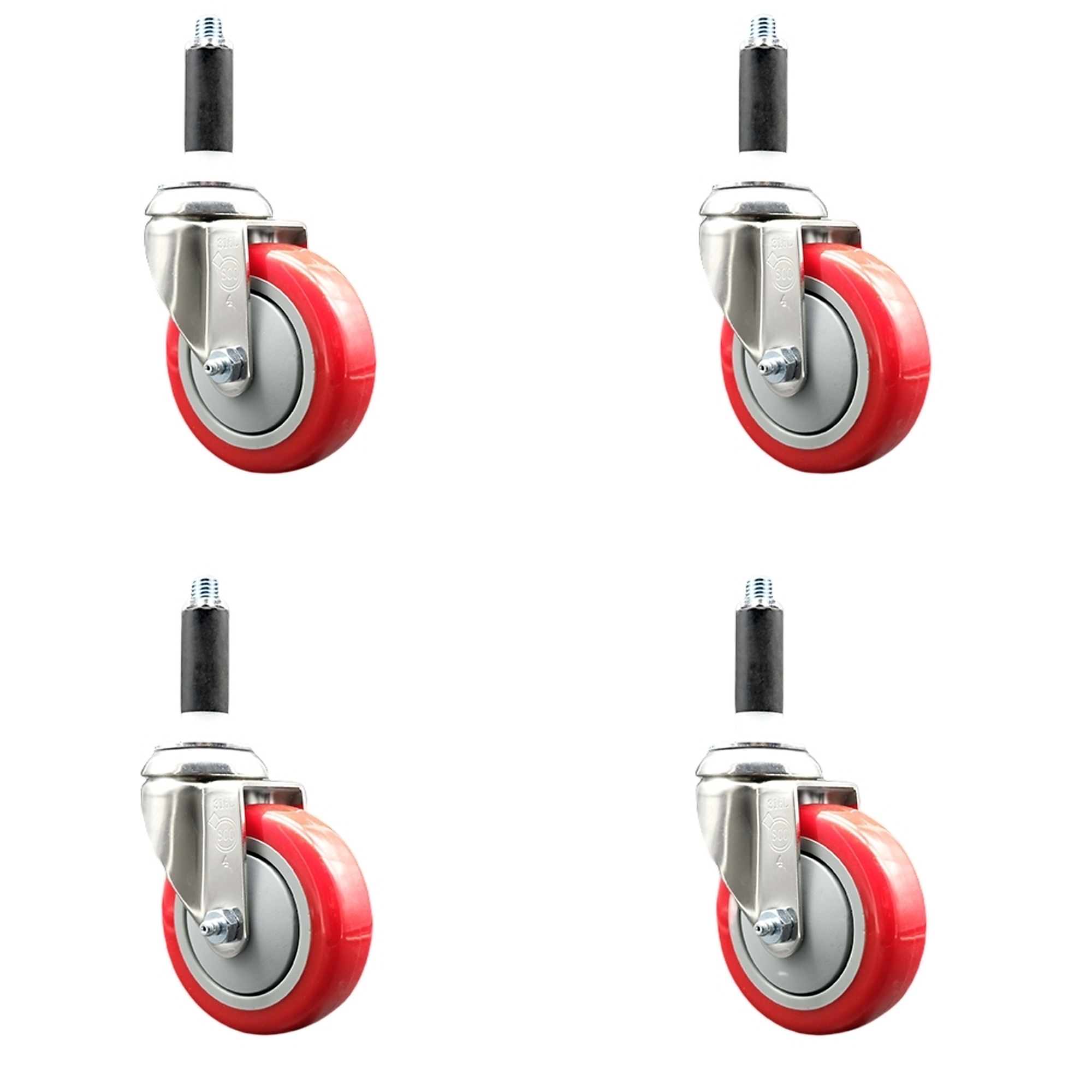 Service Caster, 4Inch x 1 1/4Inch Stem Casters, Wheel Diameter 4 in, Caster Type Swivel, Package (qty.) 4, Model SCC-SS316EX20S414-PPUB-RED-78-4