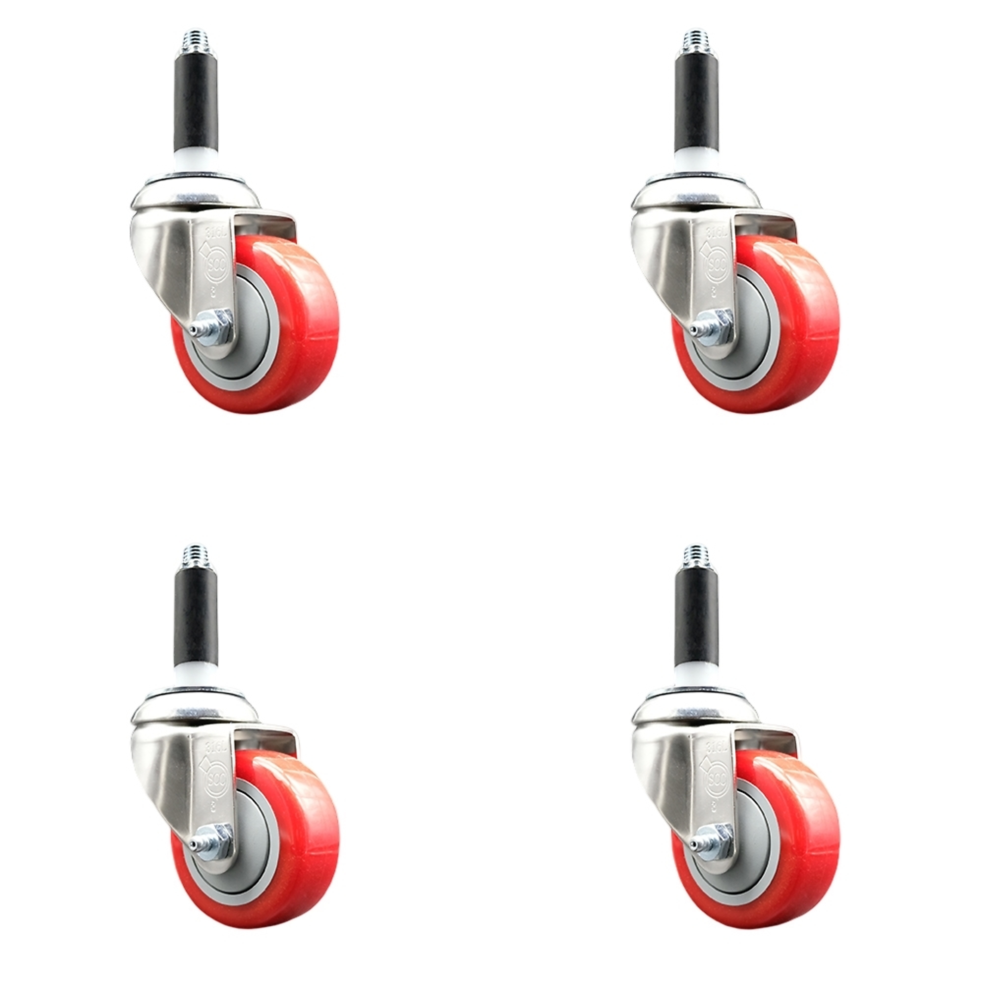 Service Caster, 3Inch x 1 1/4Inch Stem Casters, Wheel Diameter 3 in, Caster Type Swivel, Package (qty.) 4, Model SCC-SS316EX20S314-PPUB-RED-78-4