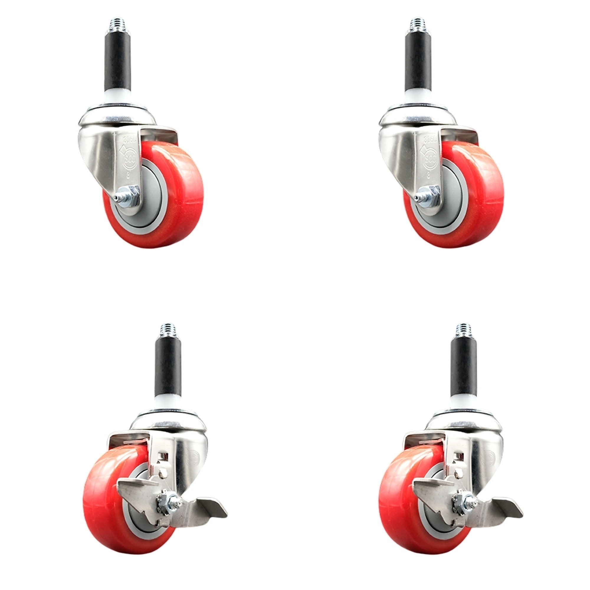 Service Caster, 3 1/2Inch x 1 1/4Inch Stem Casters, Wheel Diameter 3.5 in, Caster Type Swivel, Package (qty.) 4, Model SS316EX20S3514-PPUB-RED-2-TLB-2