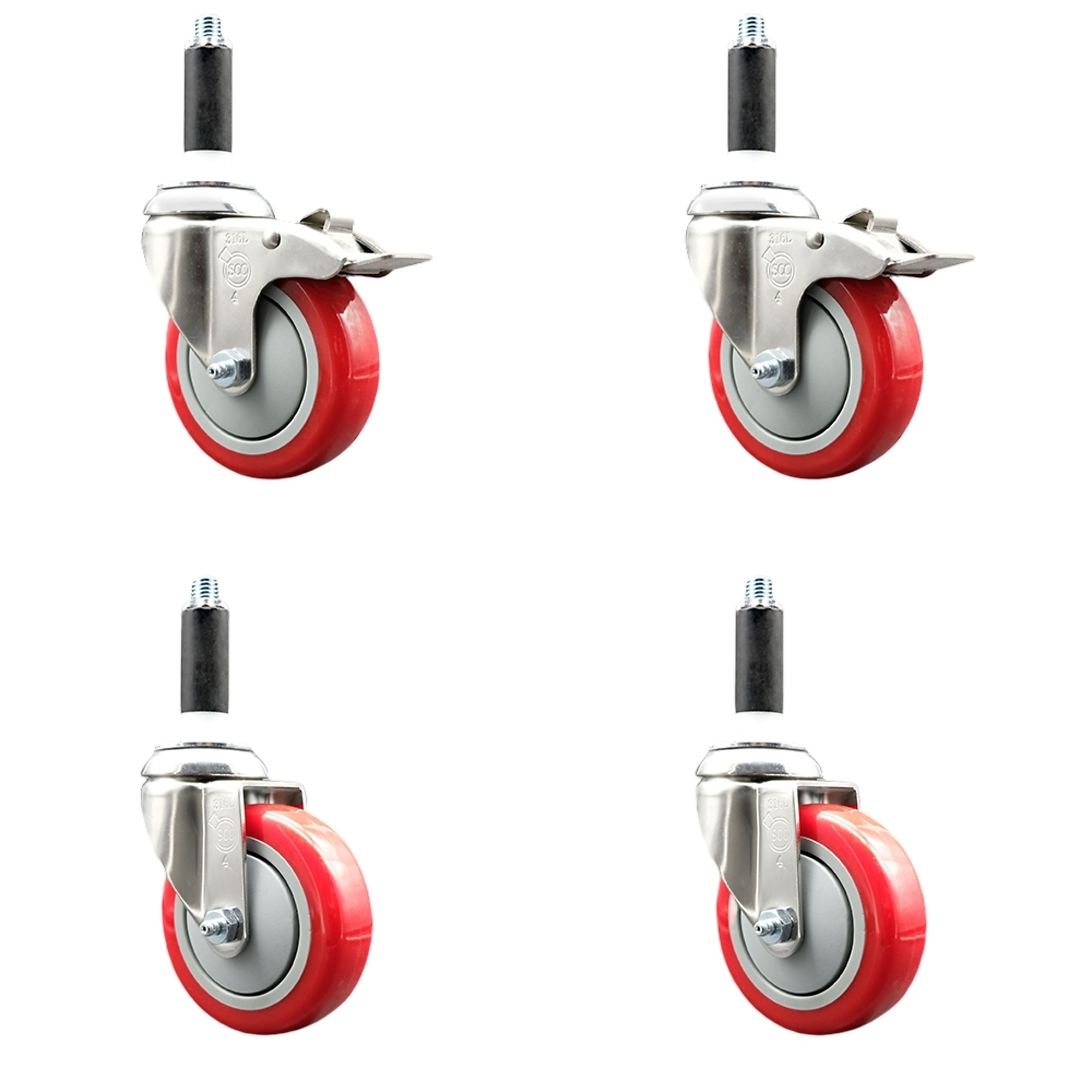 Service Caster, 4Inch x 1 1/4Inch Stem Casters, Wheel Diameter 4 in, Caster Type Swivel, Package (qty.) 4, Model SS316TTLEX20S414-PPUB-RED-2-S-2-78