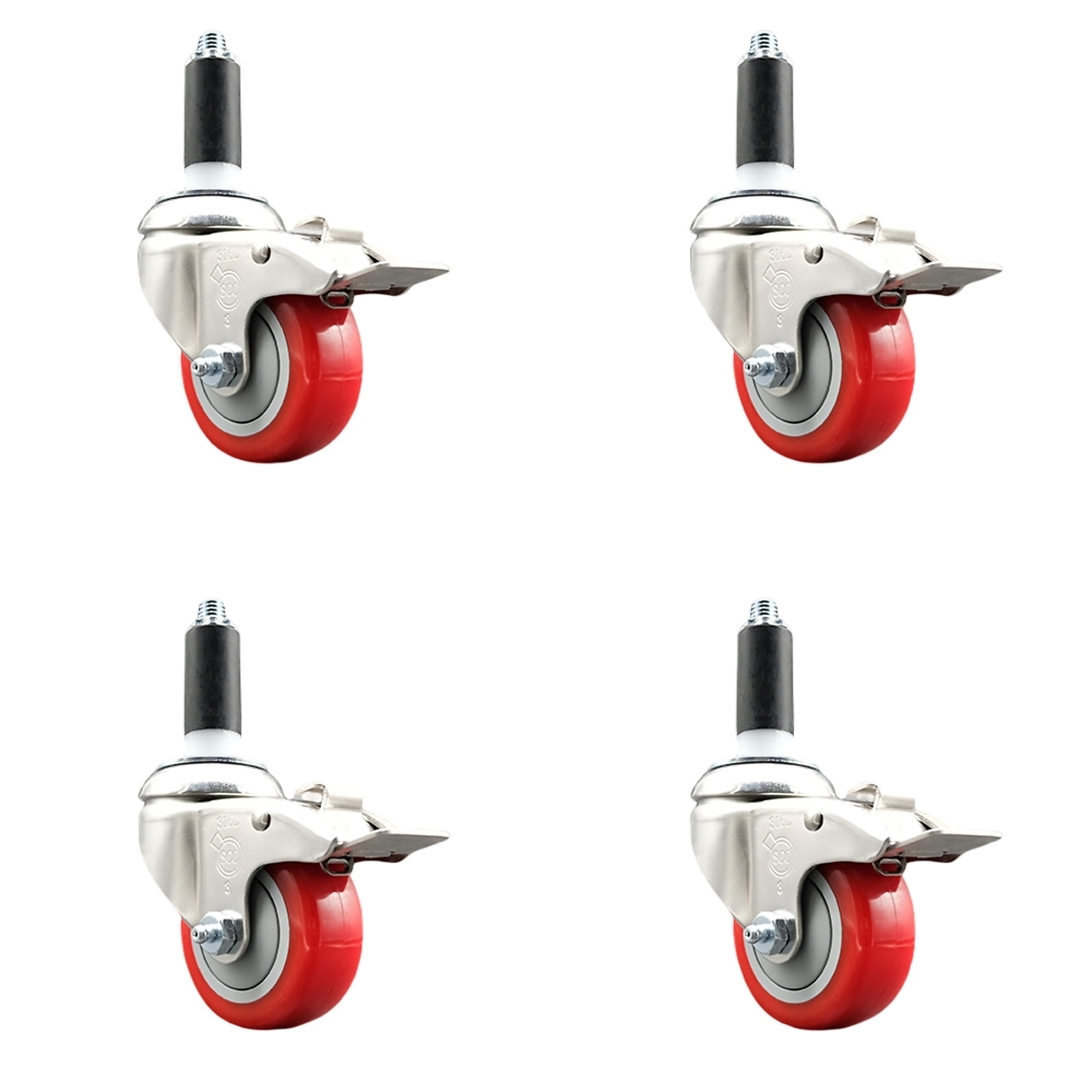 Service Caster, 3Inch x 1 1/4Inch Stem Casters, Wheel Diameter 3 in, Caster Type Swivel, Package (qty.) 4, Model SCC-SS316TTLEX20S314-PPUB-RED-1-4