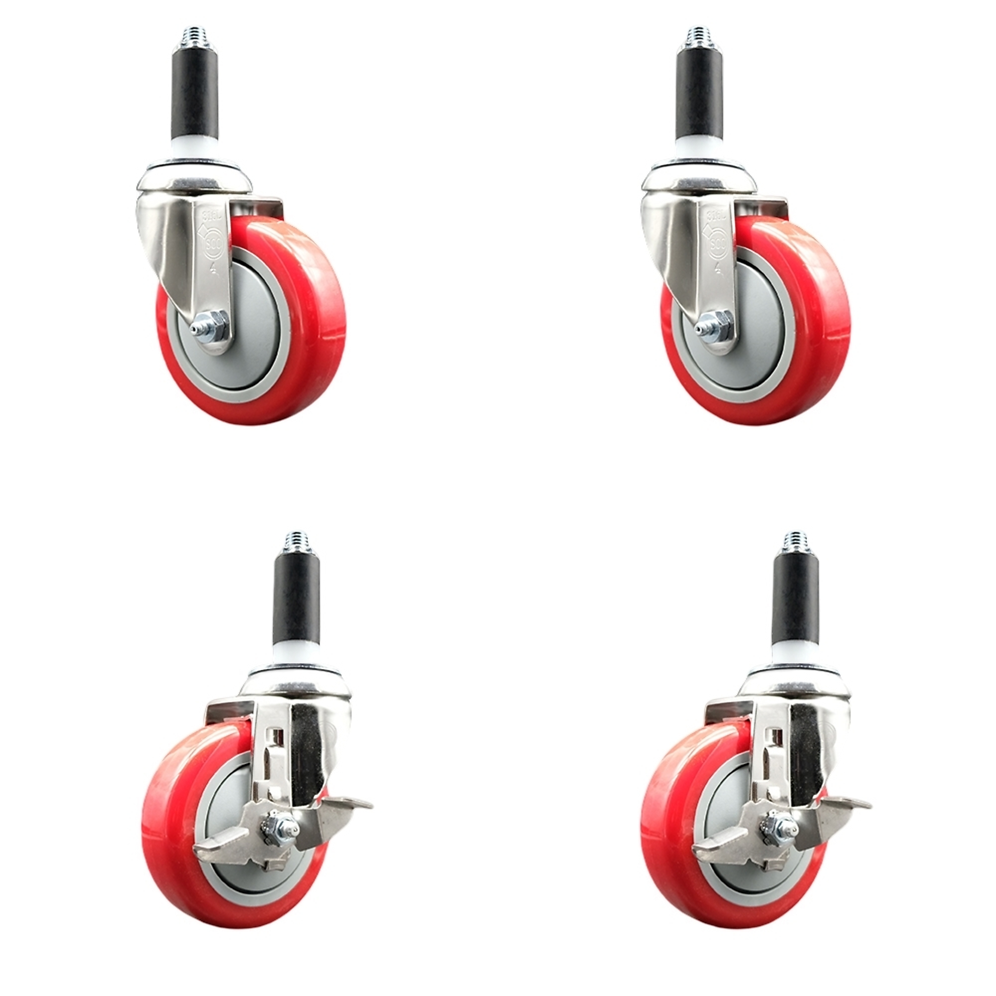 Service Caster, 4Inch x 1 1/4Inch Stem Casters, Wheel Diameter 4 in, Caster Type Swivel, Package (qty.) 4, Model SCC-SS316EX20S414-PPUB-RED-2-TLB-2-1