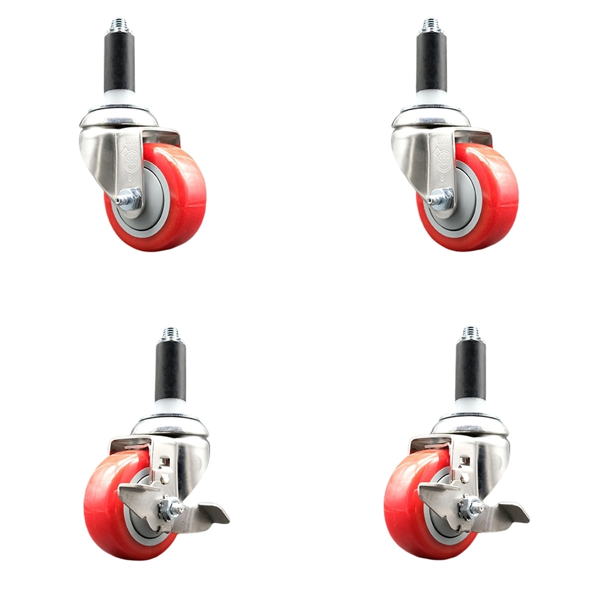 Service Caster, 3Inch x 1 1/4Inch Stem Casters, Wheel Diameter 3 in, Caster Type Swivel, Package (qty.) 4, Model SCC-SS316EX20S314-PPUB-RED-2-TLB-2-1