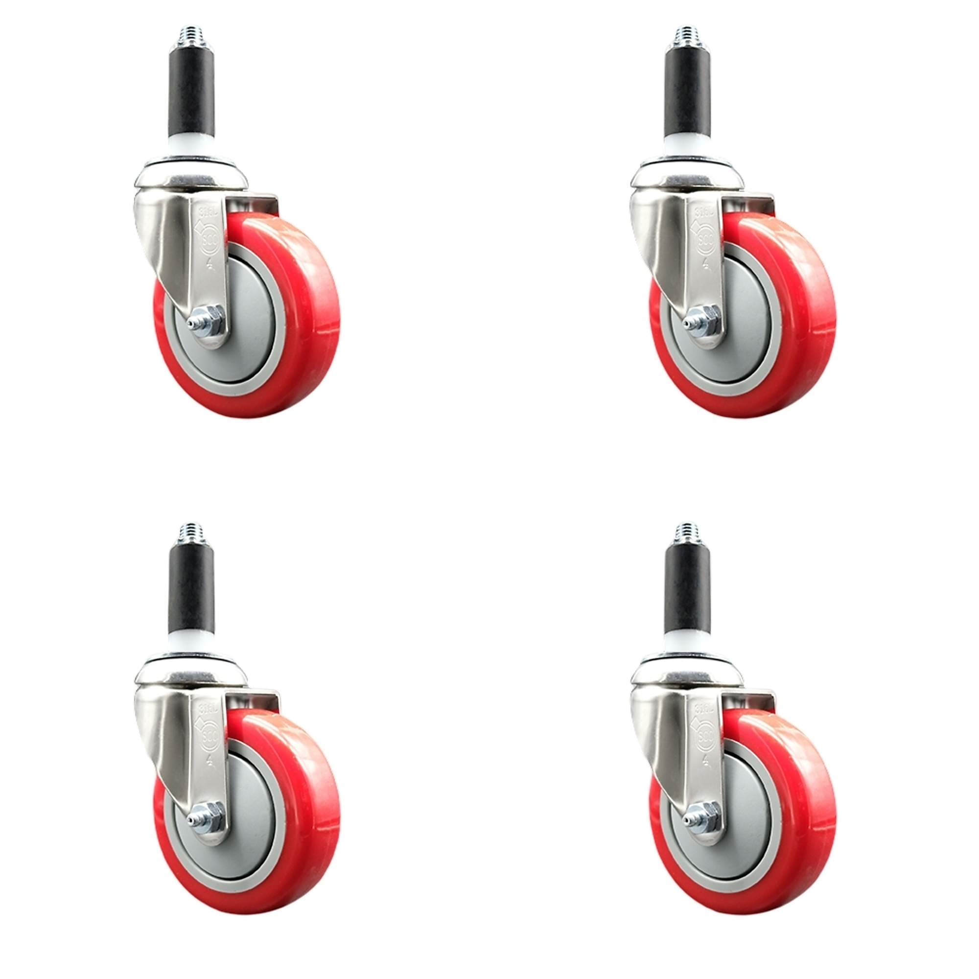 Service Caster, 4Inch x 1 1/4Inch Stem Casters, Wheel Diameter 4 in, Caster Type Swivel, Package (qty.) 4, Model SCC-SS316EX20S414-PPUB-RED-1-4